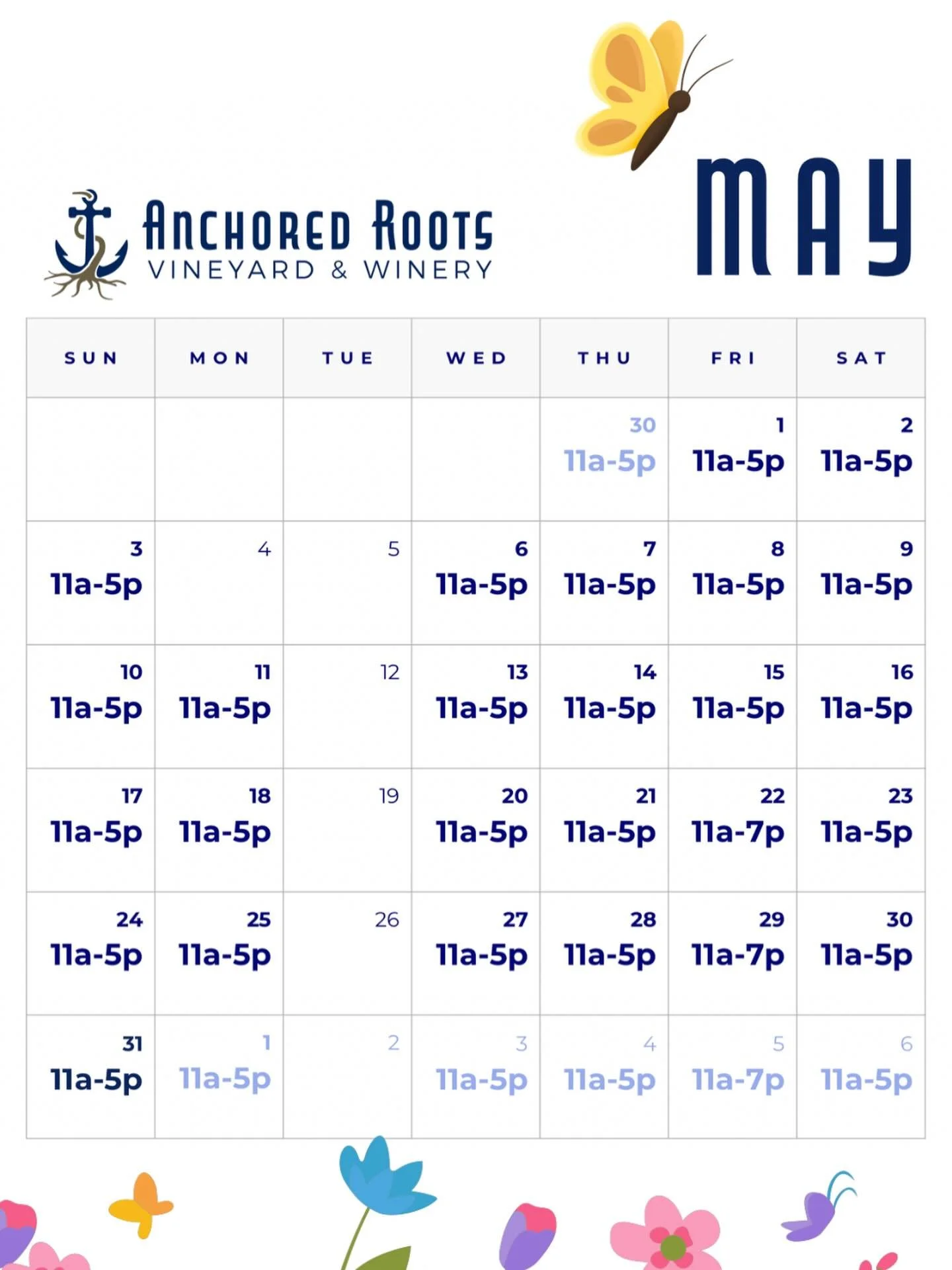 NEW HOURS FOR MAY! 💐

Lots of marvelous events this month! ↙️
www.anchoredrootswine.com/events

#may #wine #doorcounty #wisconsinwine #cheers