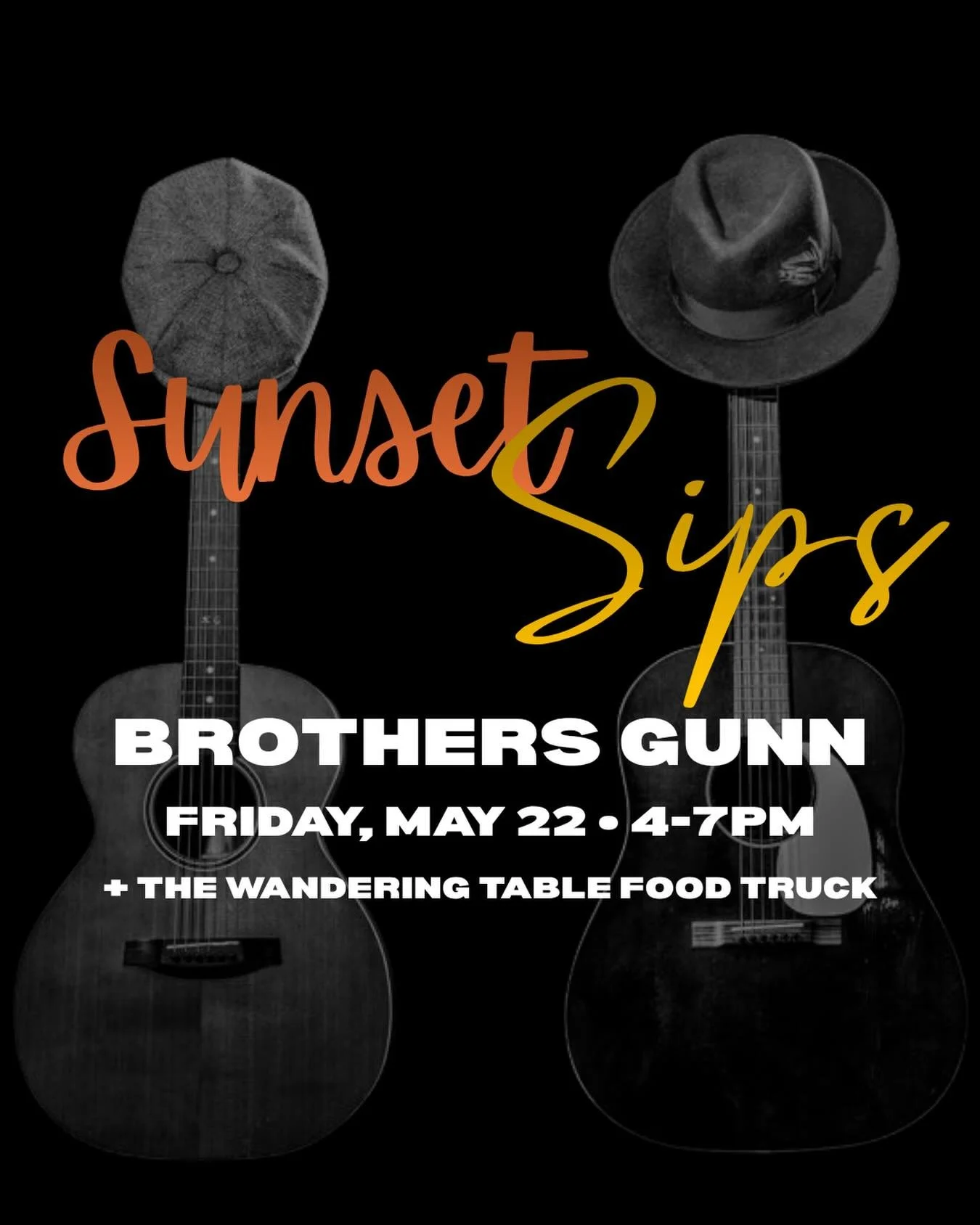Sunset Sips 🌅 Friday, May 22 &bull; 4-7pm

🎶 The Brothers Gunn | @thebrothersgunn 
🍴 The Wandering Table | @thewanderingtable_wi with service beginning at 11am!

HERE&rsquo;S WHAT YOU NEED TO KNOW:
🎟️ Free to attend
🌅 On the Patio
🔥 Fire pits w