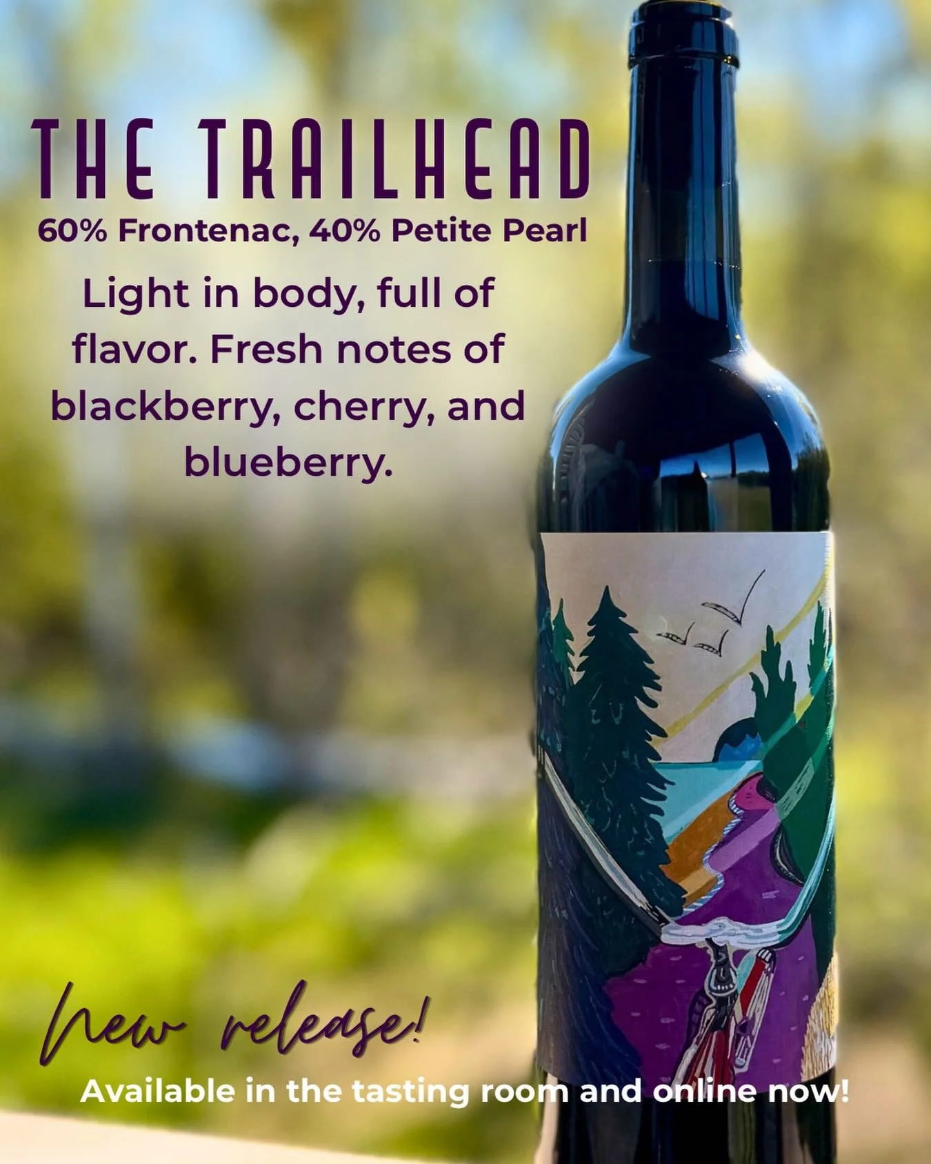 New Wine Release! ✨ 2025 THE TRAILHEAD

A perfect summertime sipper after a day on the trail 🚲 

60% Frontenac, 40% Petite Pearl &bull; Wisconsin Ledge AVA
🍷 An approachable off-dry, light-bodied red with fresh notes of blackberry, cherry, and blue