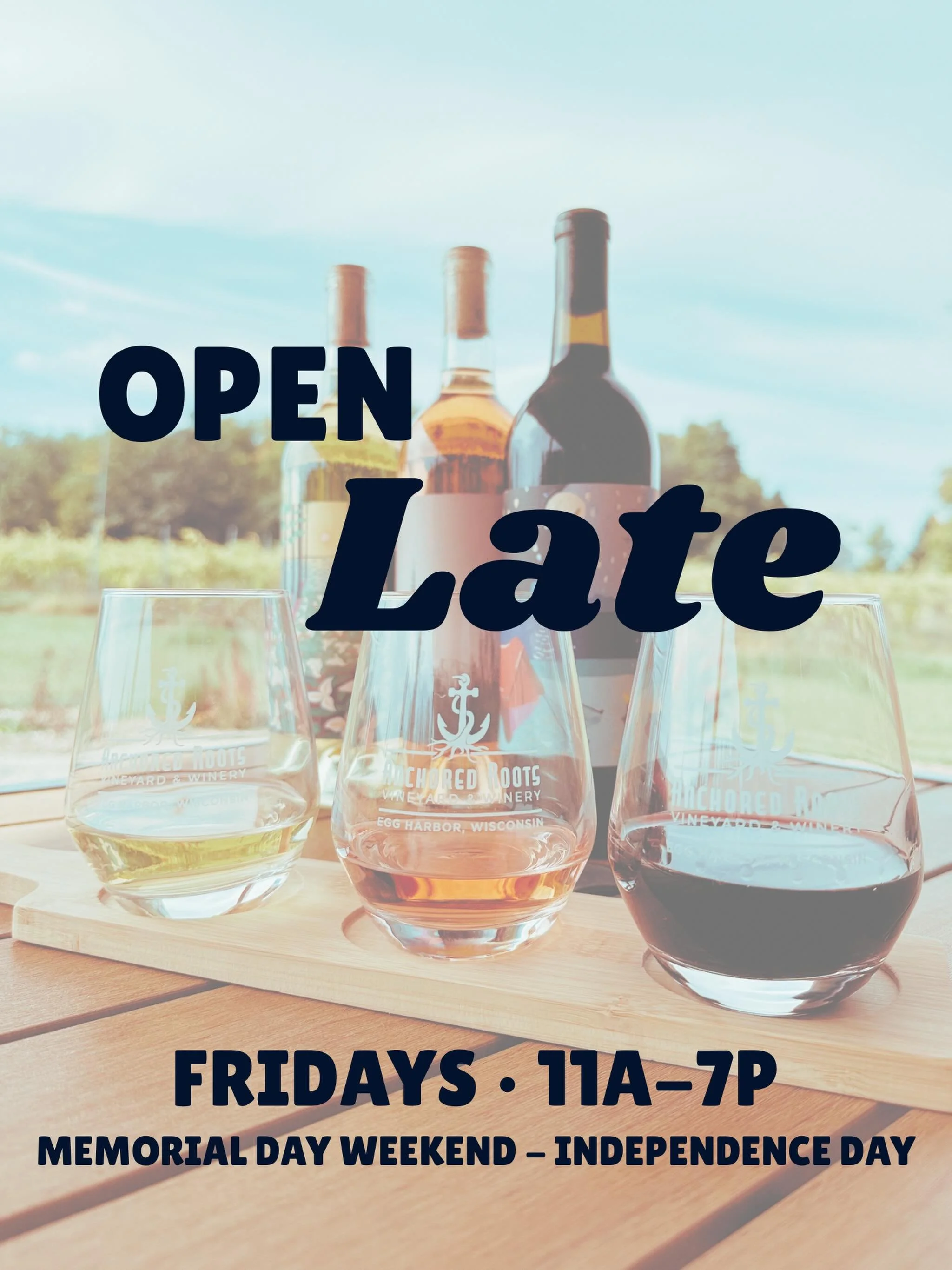 OPEN LATE ✨ FRIDAYS 11a-7p

Join us as the sun goes down on Friday nights now through Independence Day!

Plus enjoy live music and a good eats from local food trucks 4-7p! 🗓️ Fridays 5/22-7/3

#doorcounty #wisconsinwine #sunsetsips #summernights #ch