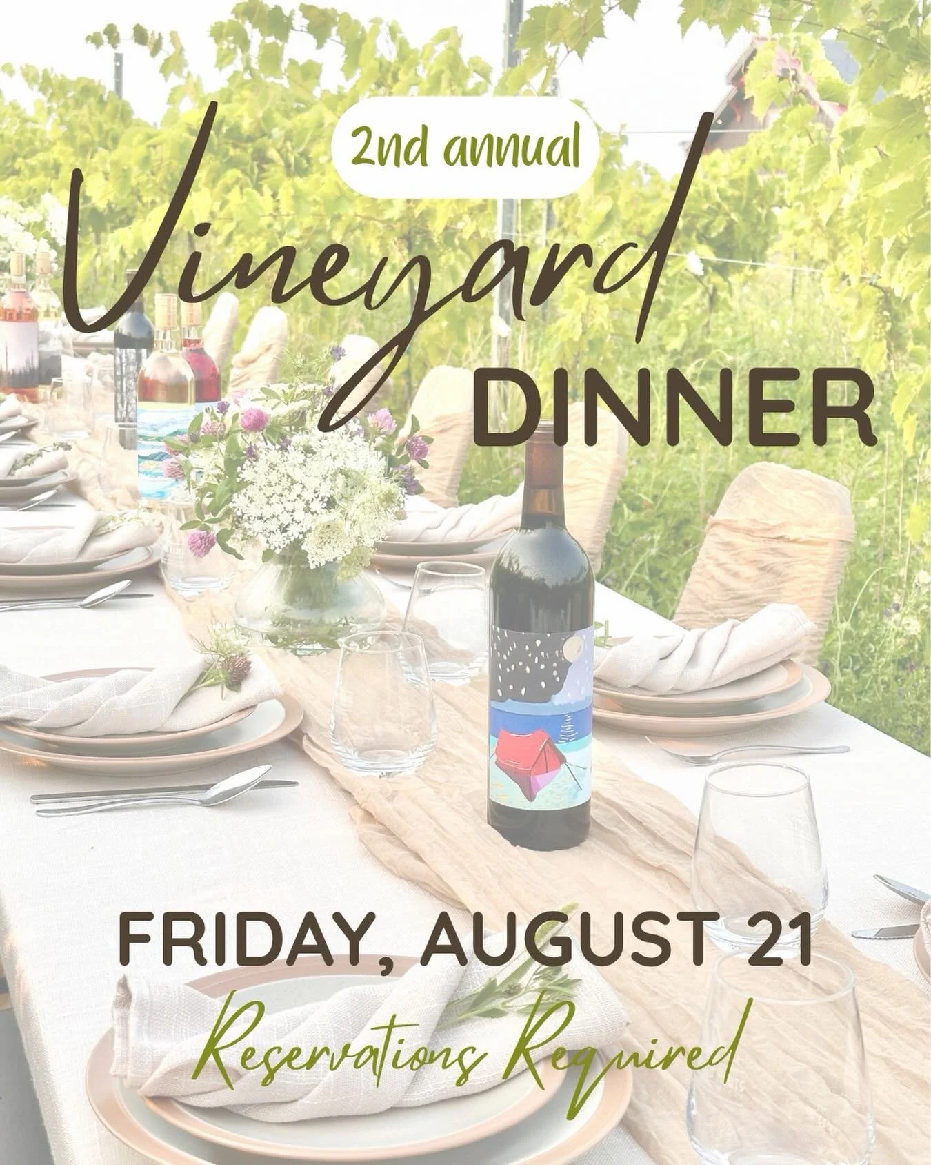 2nd Annual Vineyard Dinner ✨ Friday, August 21, 2026

Join us for a celebration of the fruits of our labor! 

🍴 Dine amongst the vines with founders and winemaker, Eric &amp; Amy Gale. Enjoy a 5-course farm-to-fork dinner prepared by Crave Cuisine, 