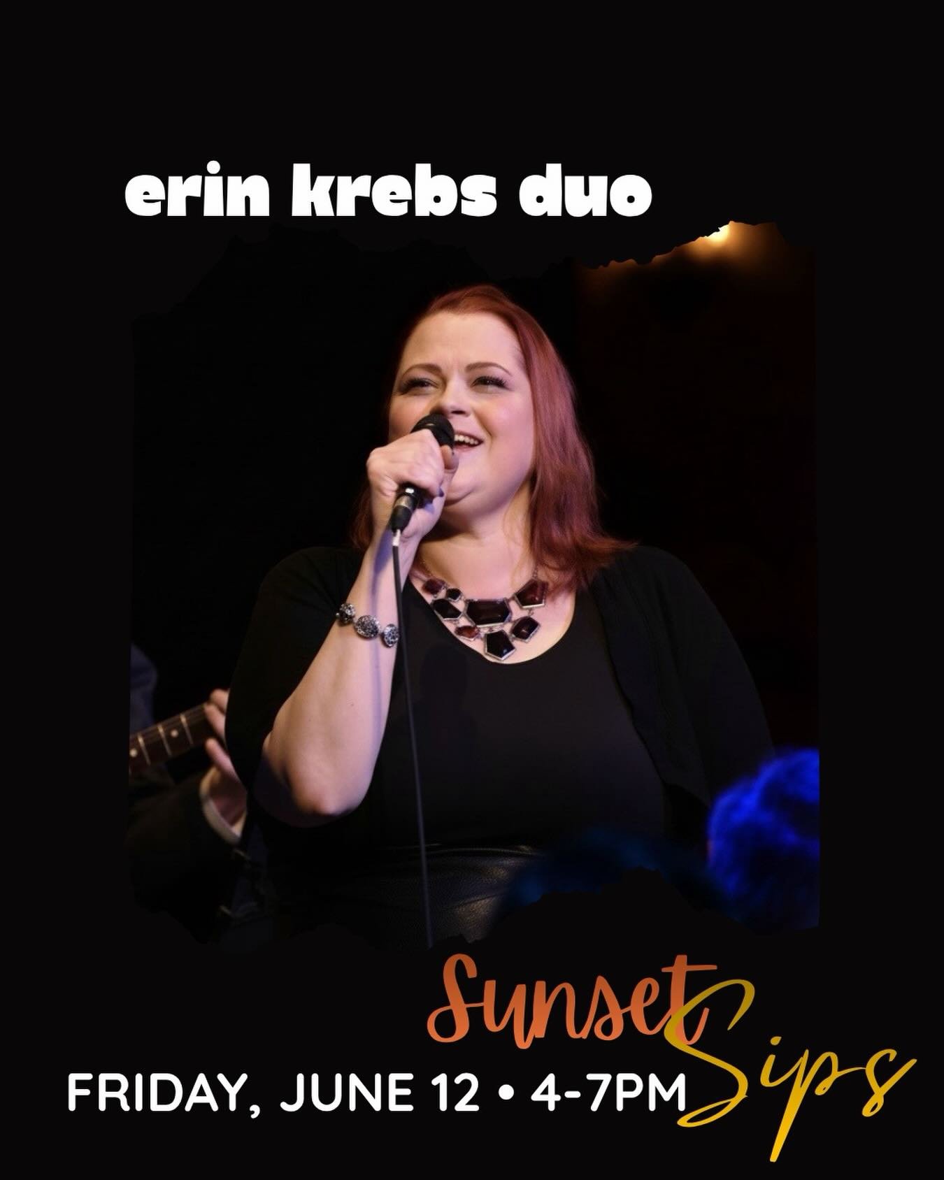 SUNSET SIP 🌅 FRI 6/12 &bull; 4-7PM

Erin Krebs Duo 🎤 @krebsiediva 
Award-winning vocalist Erin Krebs and acclaimed pianist Paul Sucherman are a dynamic jazz duo known for their expressive interpretations of Jazz standards, blues, and more. With Eri