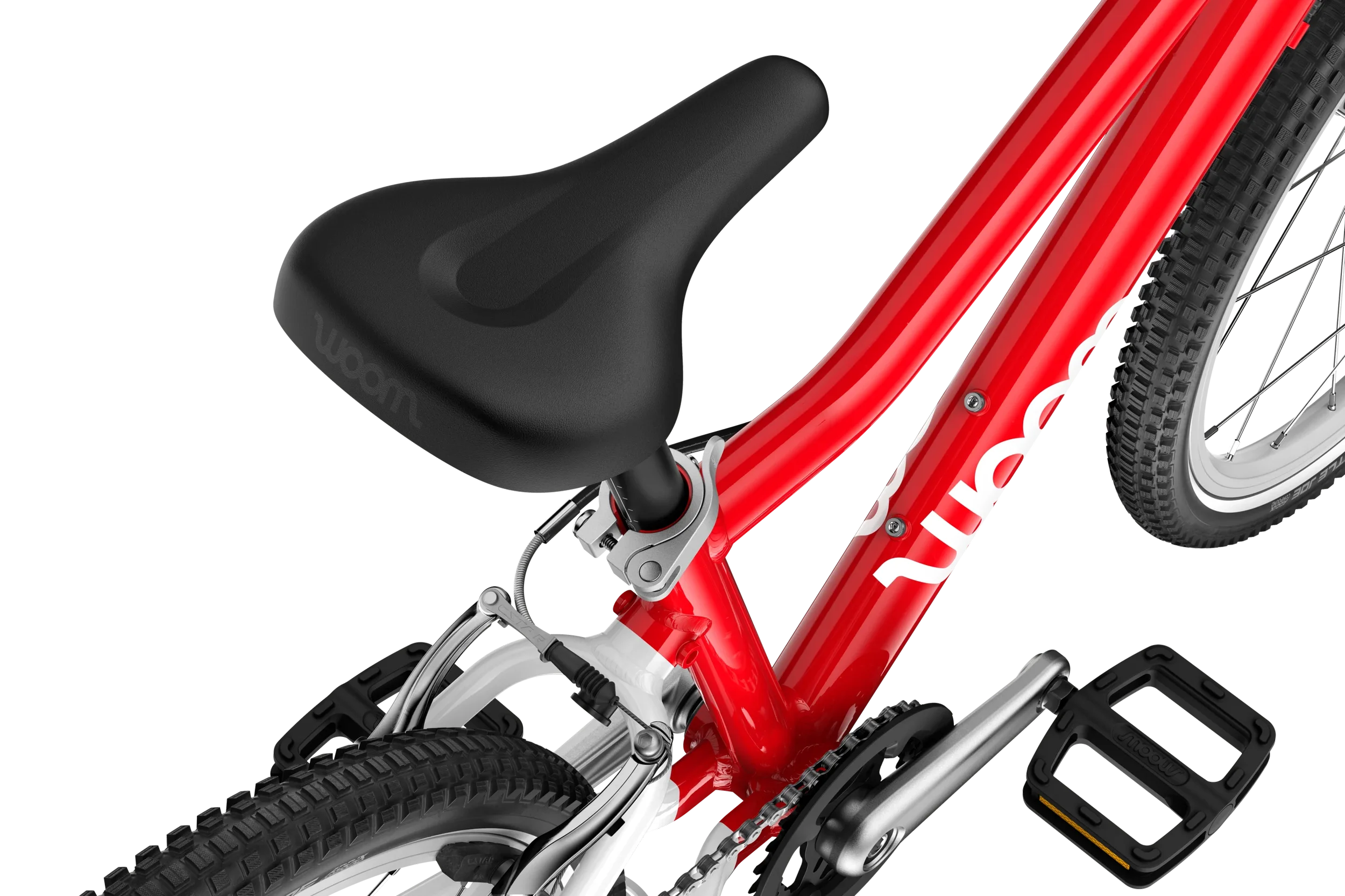 Woom Go 4 Red kids saddle on the white background.
