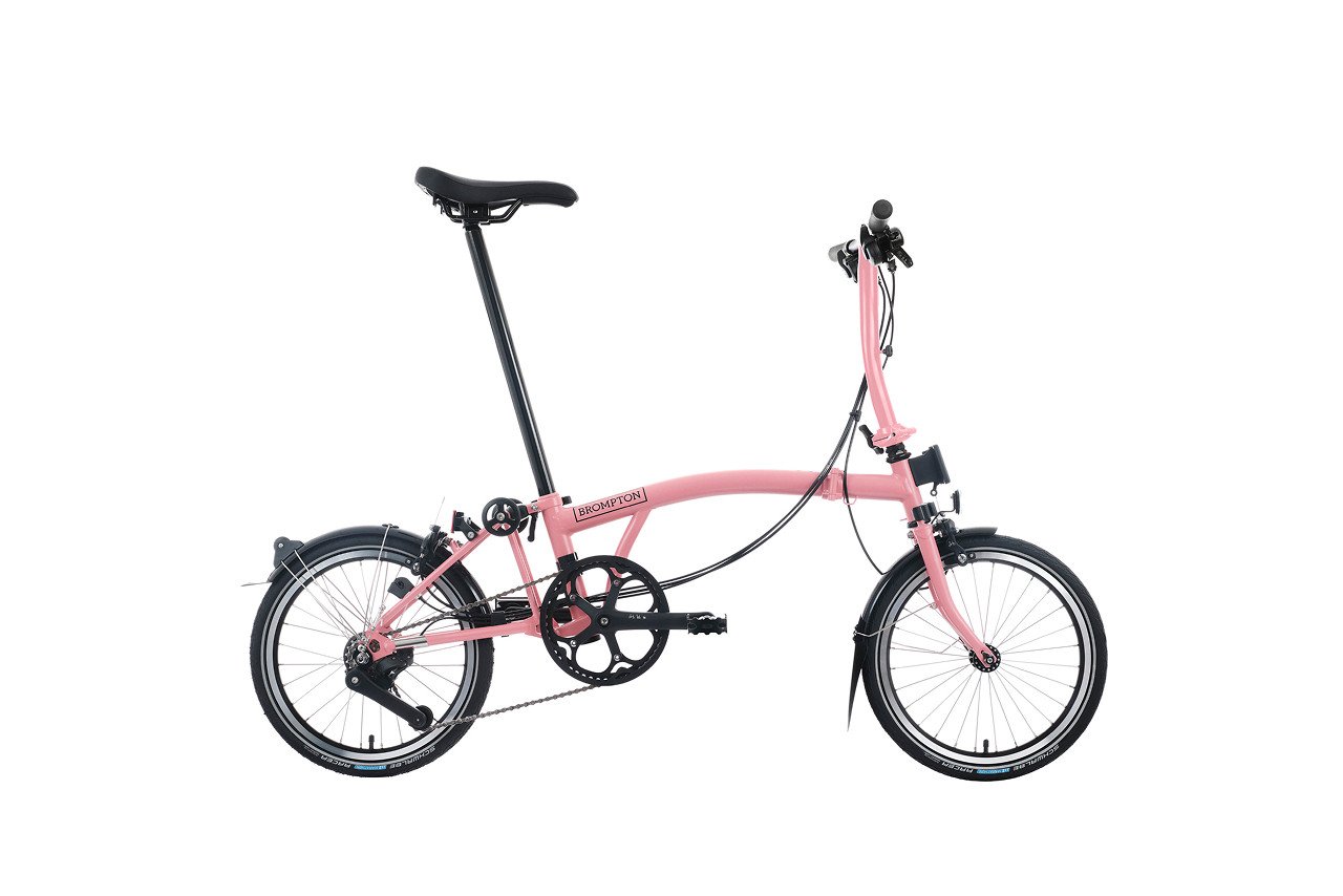 Brompton C Line 12 Speed  Low Handlebar in Flamingo Pink Side Full Bike
