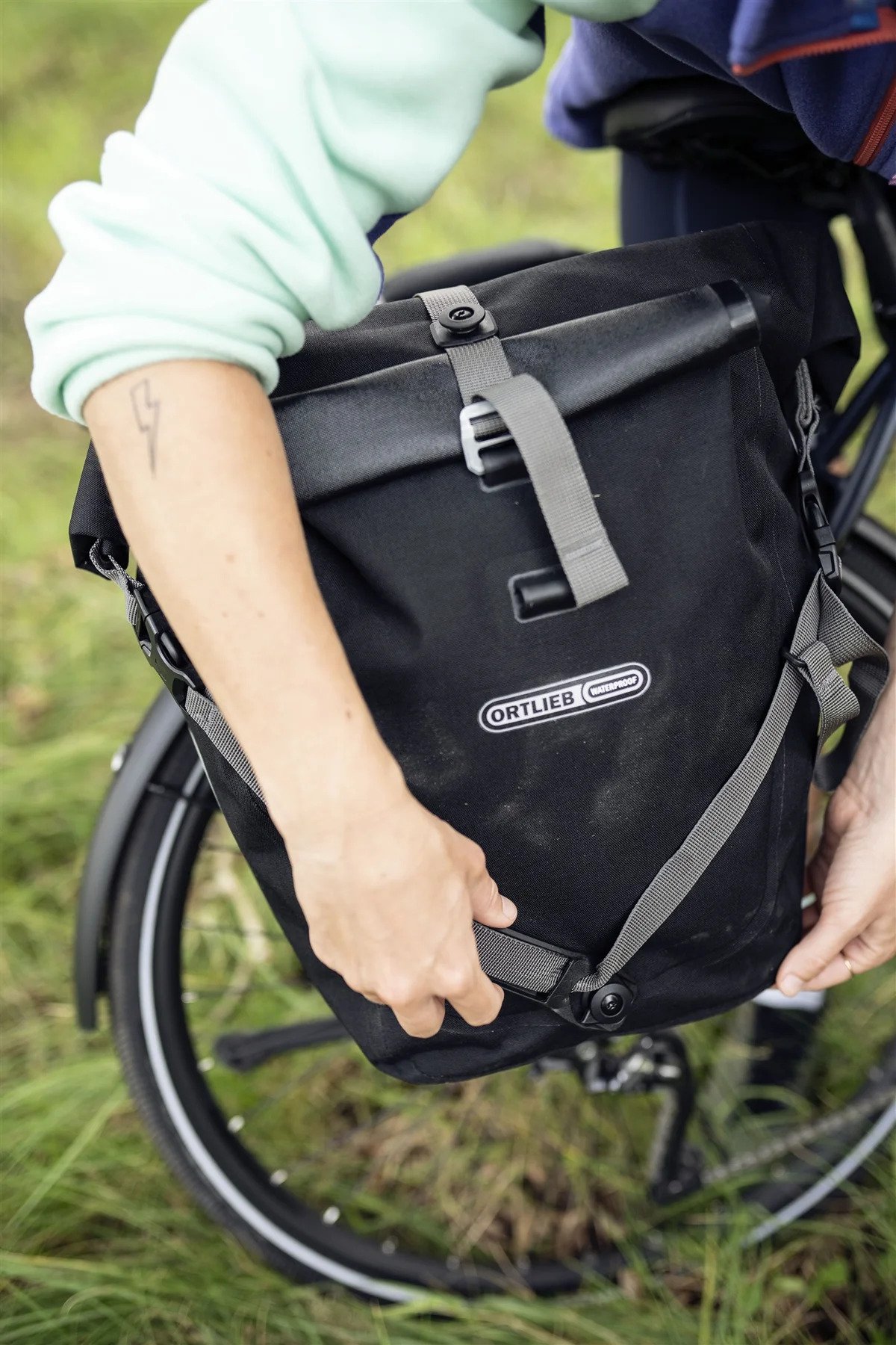 Ortlieb Back-Roller Plus Pannier Bag in Green Lifestyle Photo