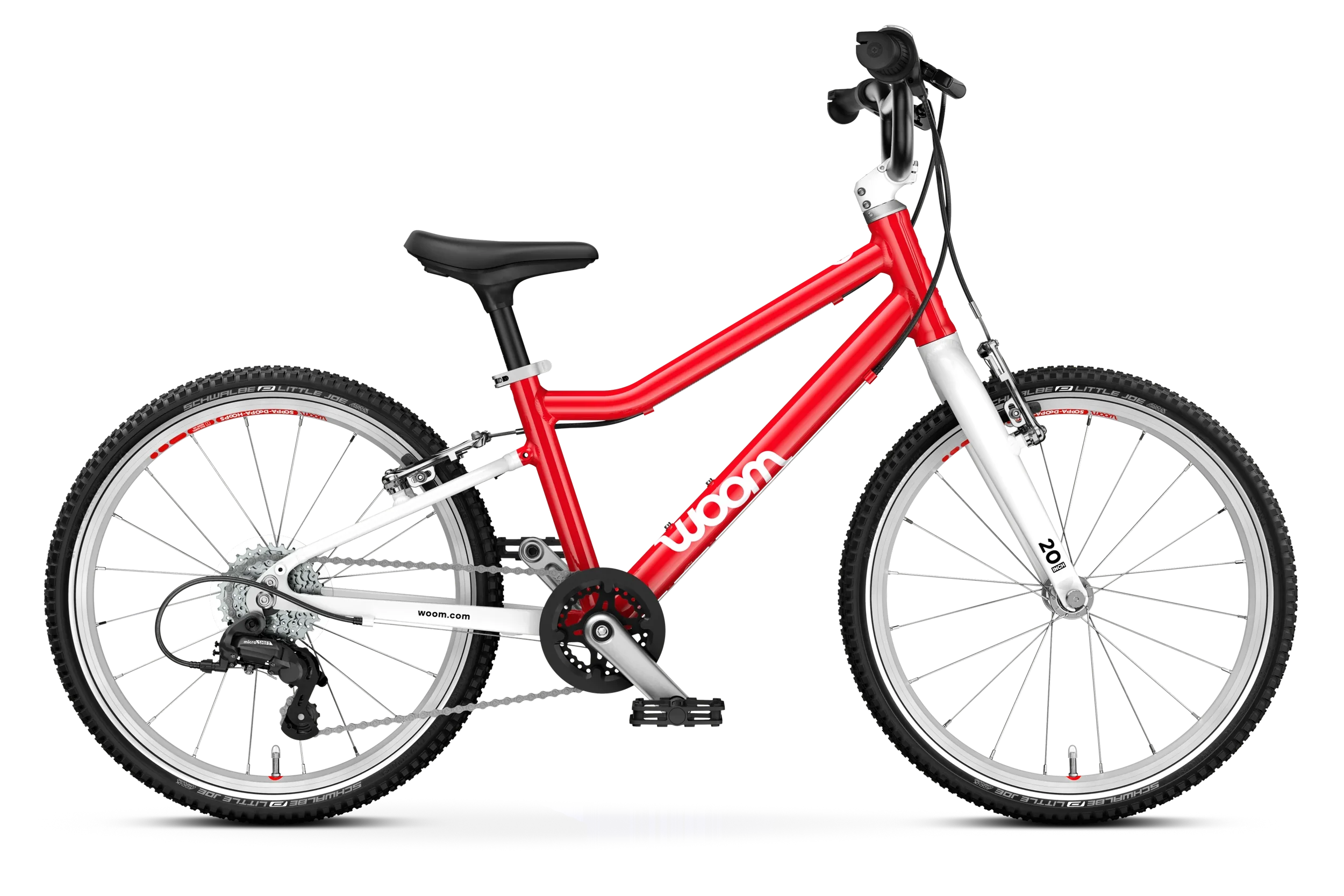 Woom Go 4 Red kids bike on white background.