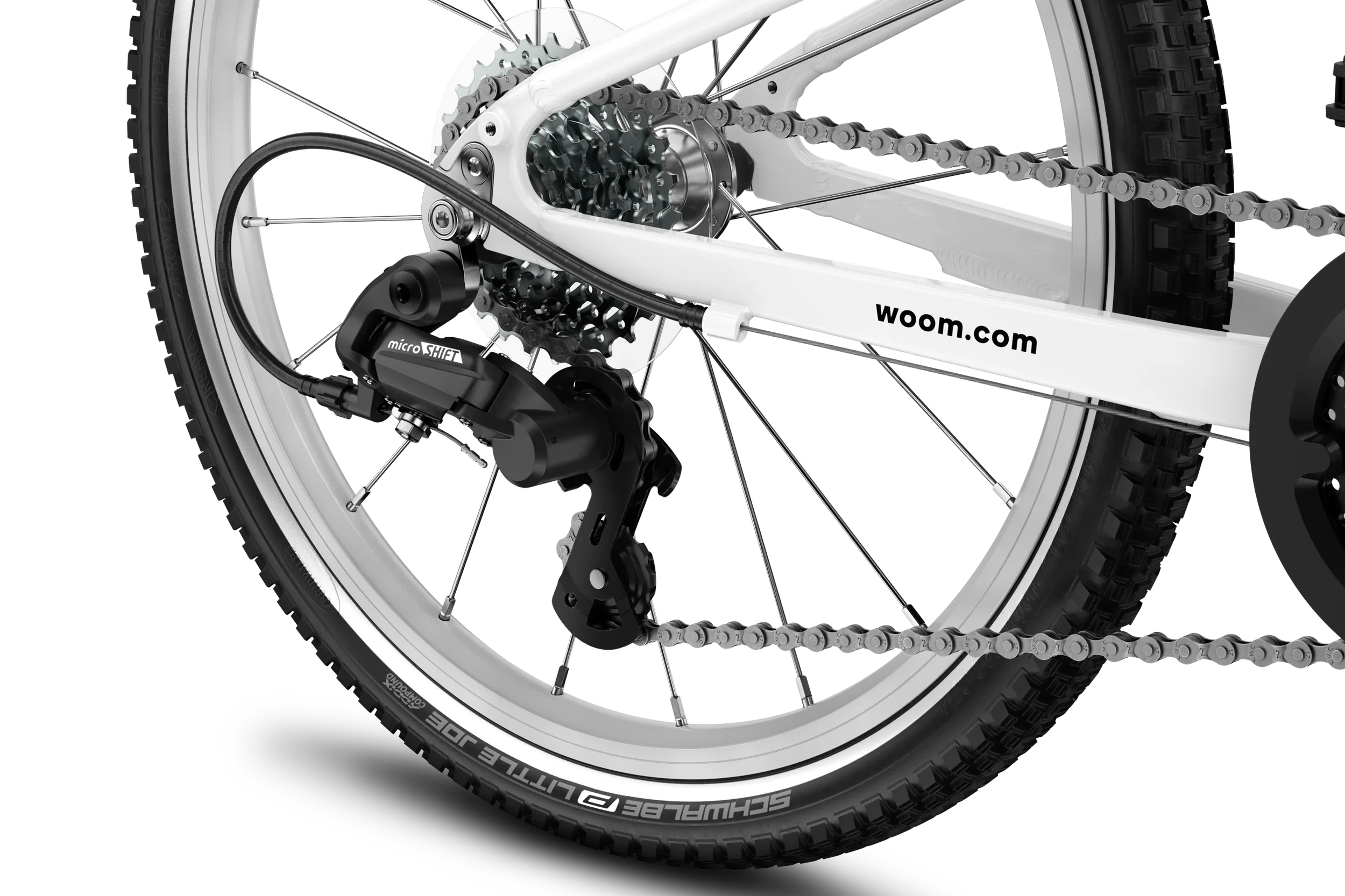 Woom Go 4 Red kids derailleur on the white background.