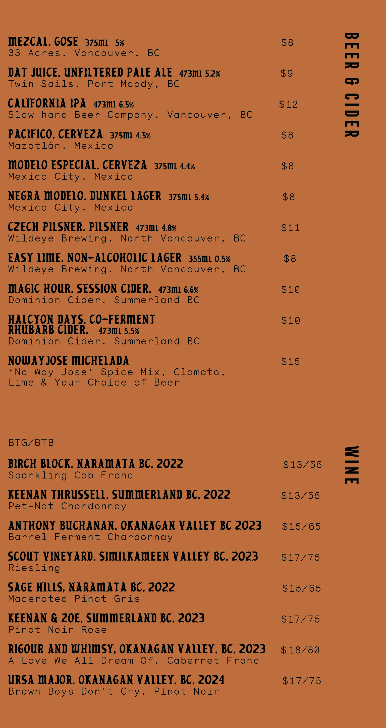 A beer and cider menu featuring various craft beers, ciders, and wines, with details on types, locations, sizes, alcohol content, and prices.