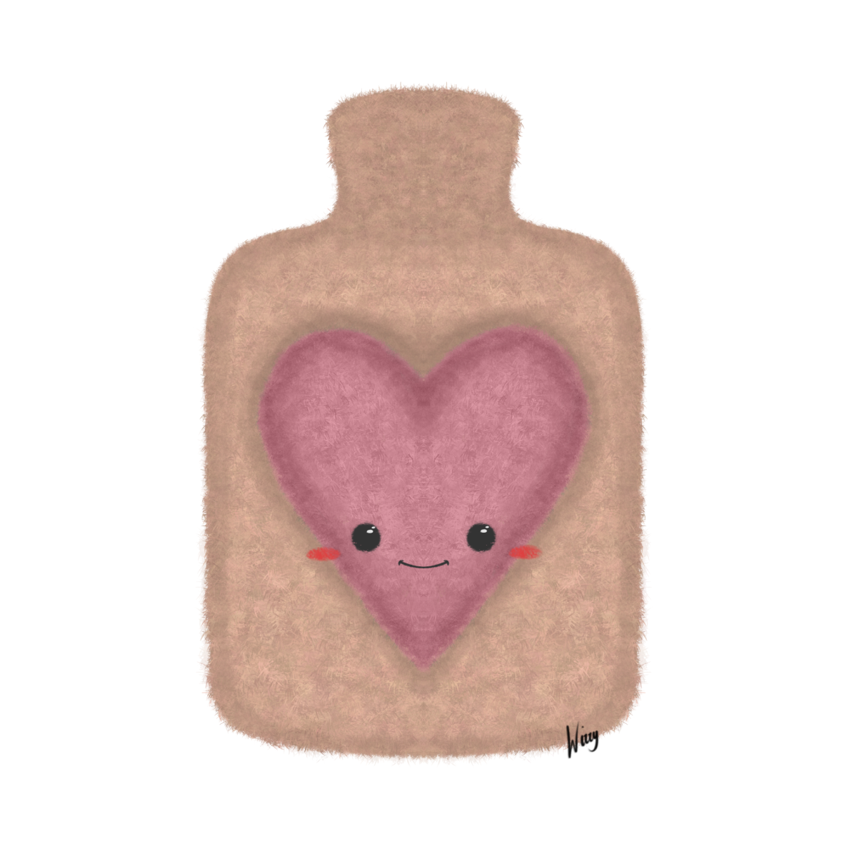 Fuzzy beige hot water bottle with a kawaii-style pink heart with a smiling face and blushing cheeks.