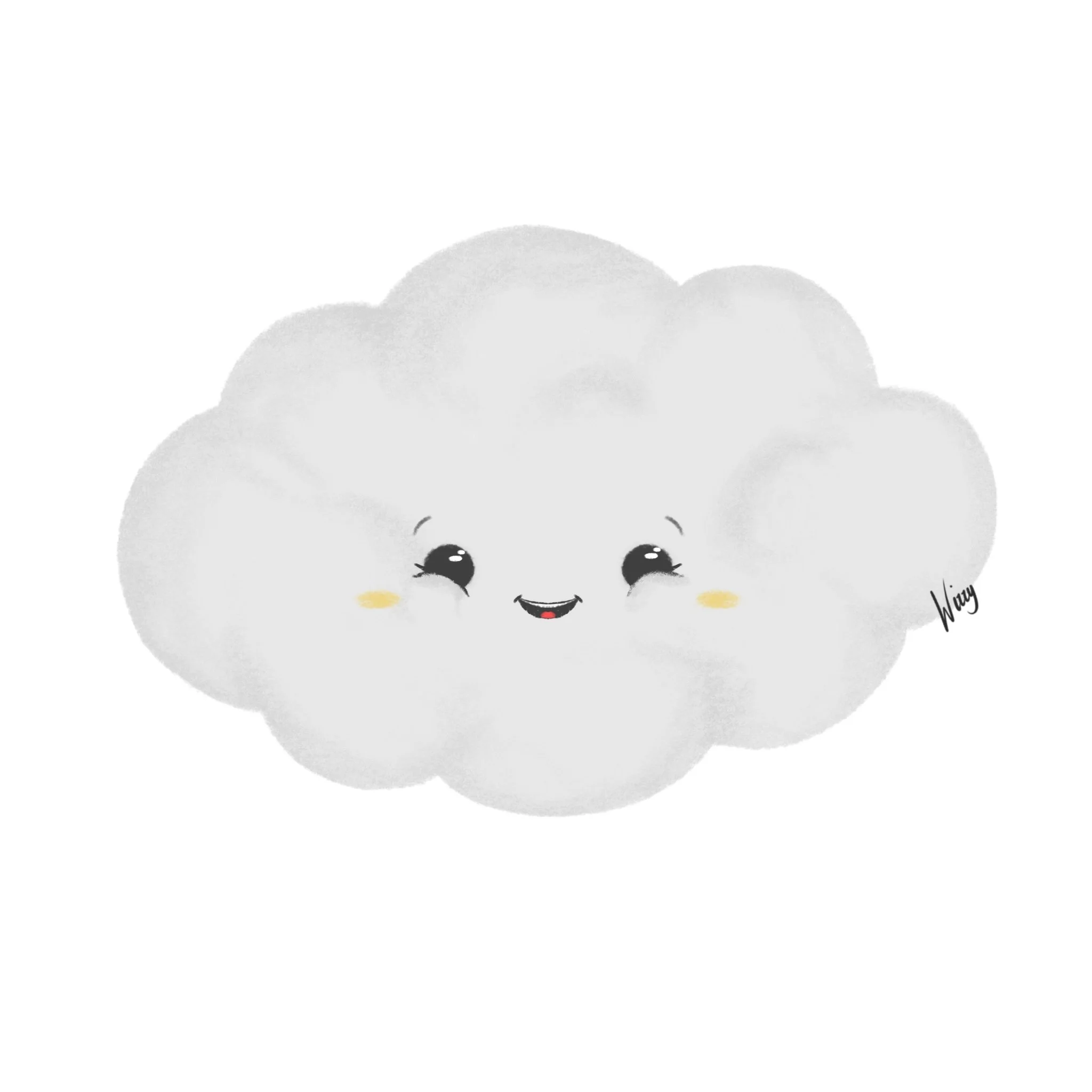 Cute, smiling cloud with a face, closed eyes, blushing cheeks, and a small open mouth.