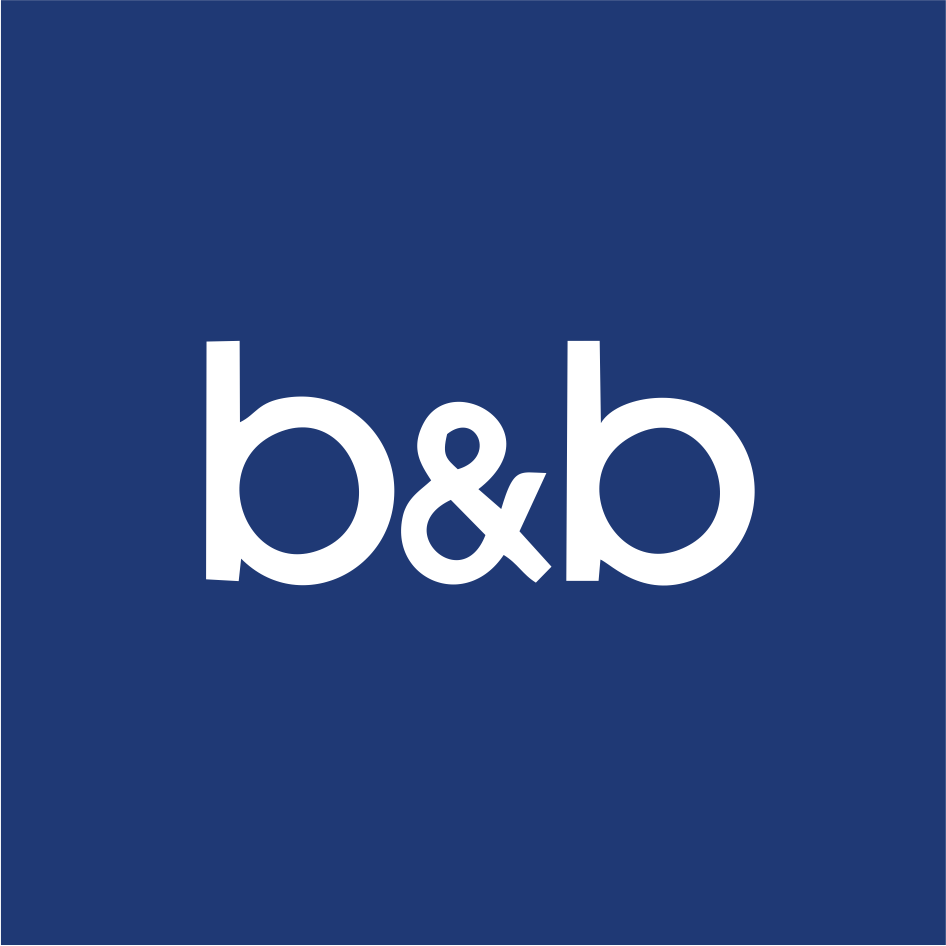 Blue background with white text displaying "b&b" in the center.