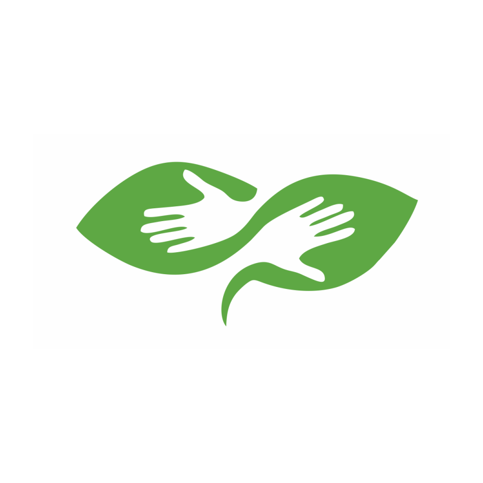 A green leaf with two white stylized hands reaching out and embracing each other.