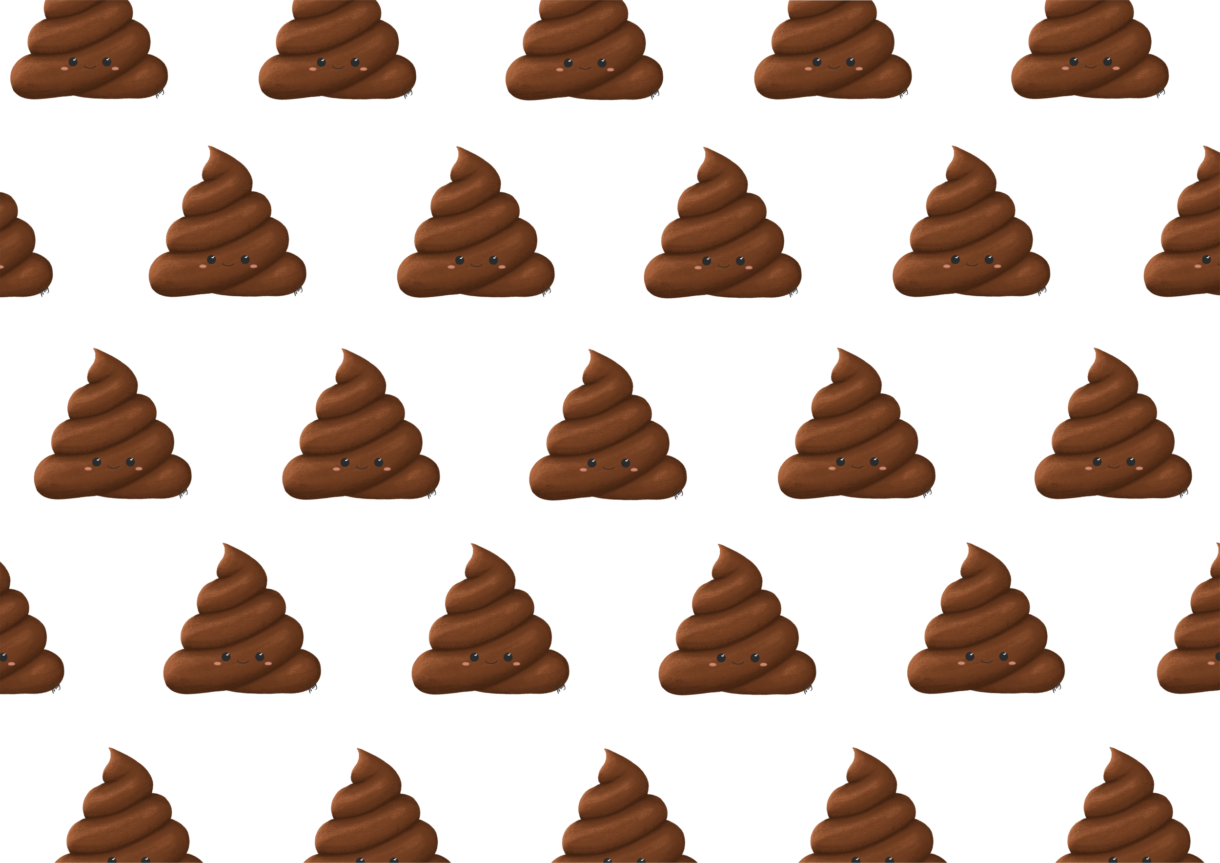 Pattern of cartoon poop emojis with smiling faces and eyes, arranged in rows on a white background.