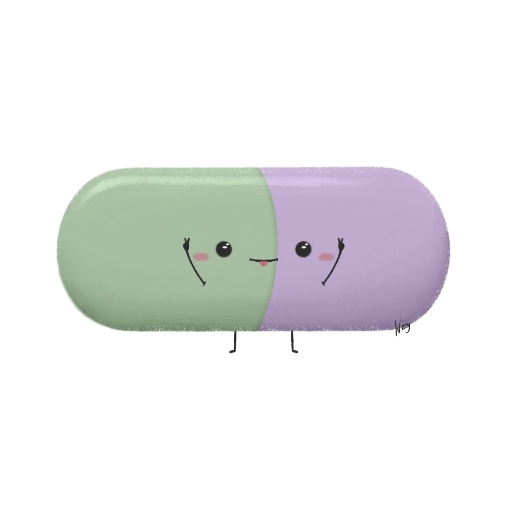 Cute animated pill with a green half and purple half, smiling, with eyes, cheeks, and tiny limbs making peace signs.