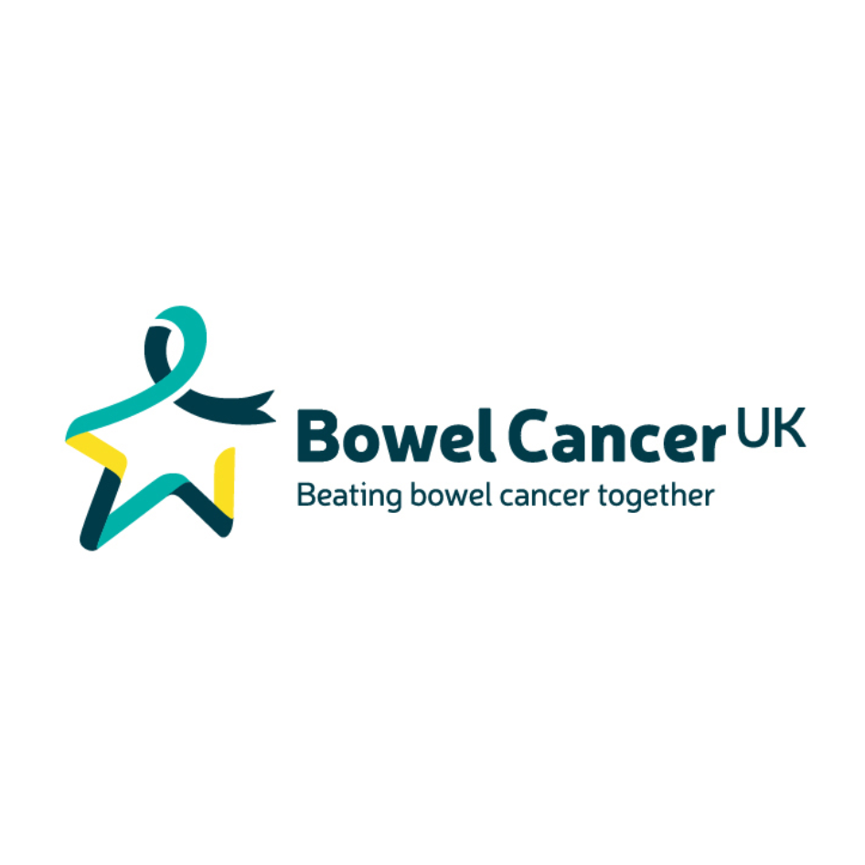 Bowel Cancer UK logo featuring a star with ribbon wrapping around it and the tagline 'Beating bowel cancer together'.