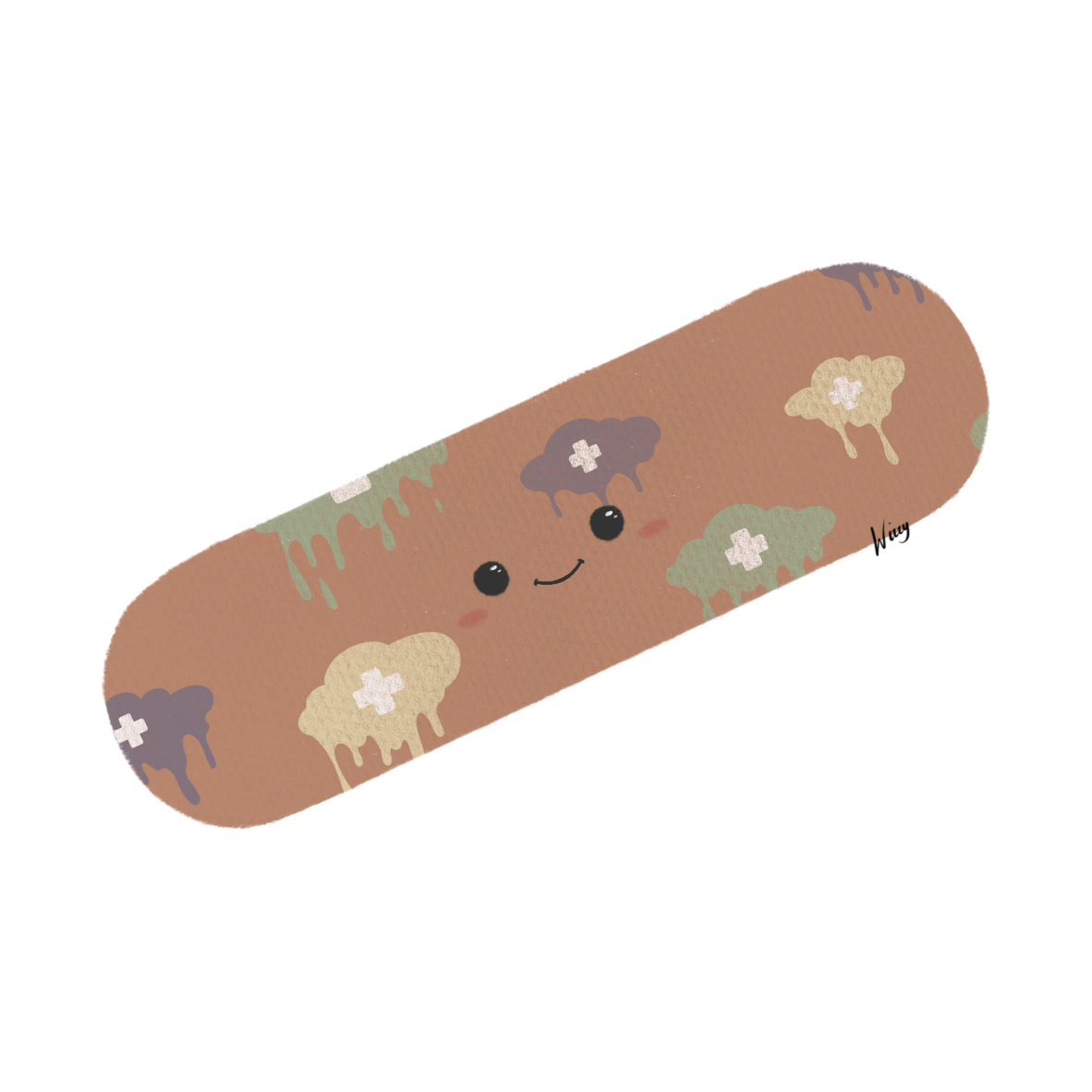 Cute illustrated bandage with a smiling face, pink heart-shaped bandages with white crosses, and pink dripping details.