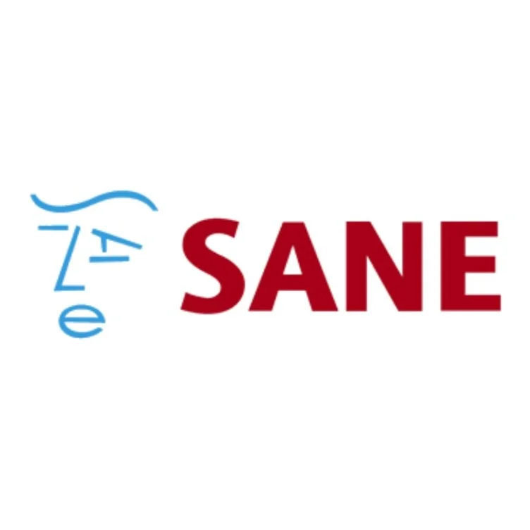 A wordmark logo with the text 'SANE' in bold red letters, with a stylized blue line drawing of a face with a hand on the side, incorporating the words 'mental health' in a script font.