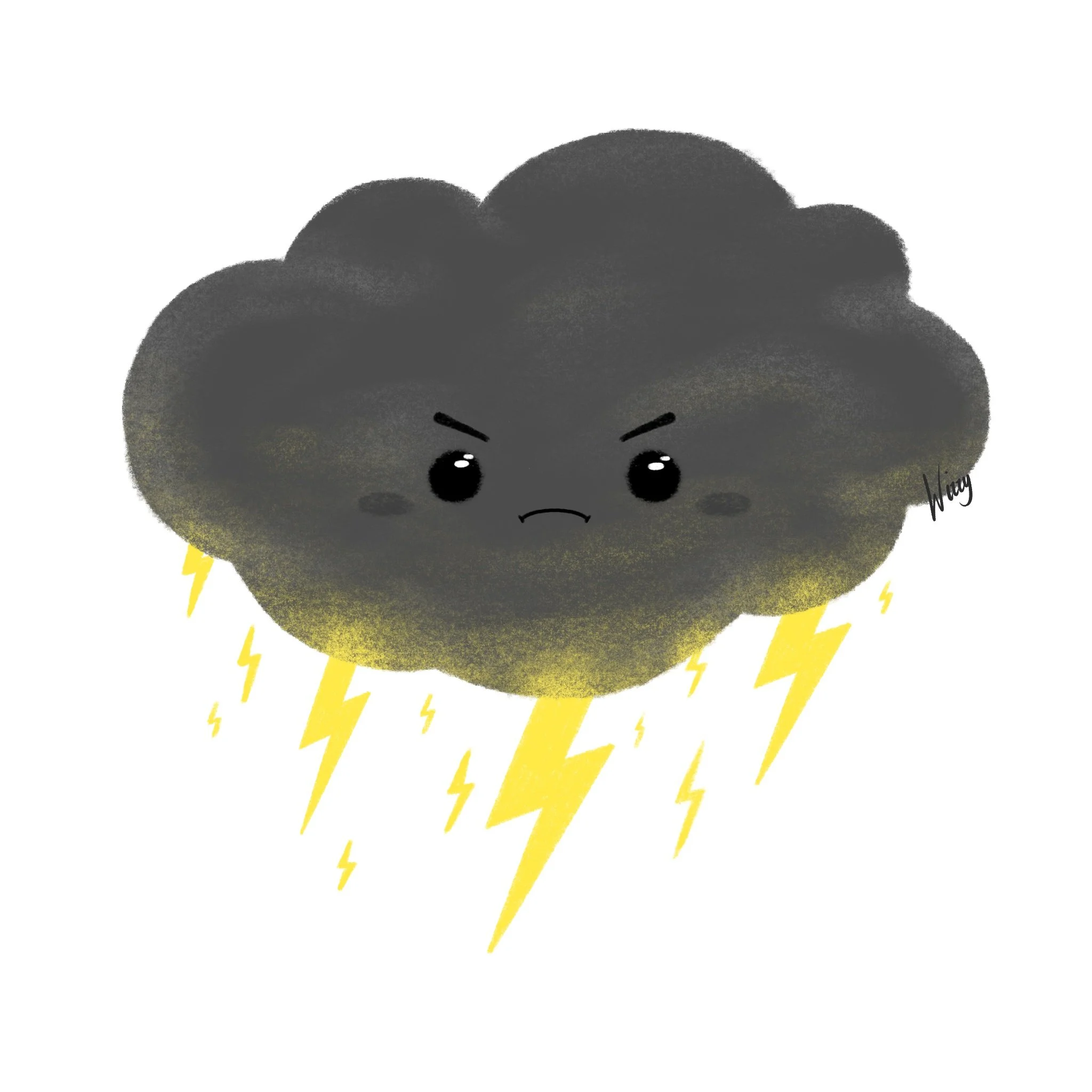 A cartoon dark storm cloud with an angry face, furrowed brows, and black shiny eyes, with yellow lightning bolts beneath it.
