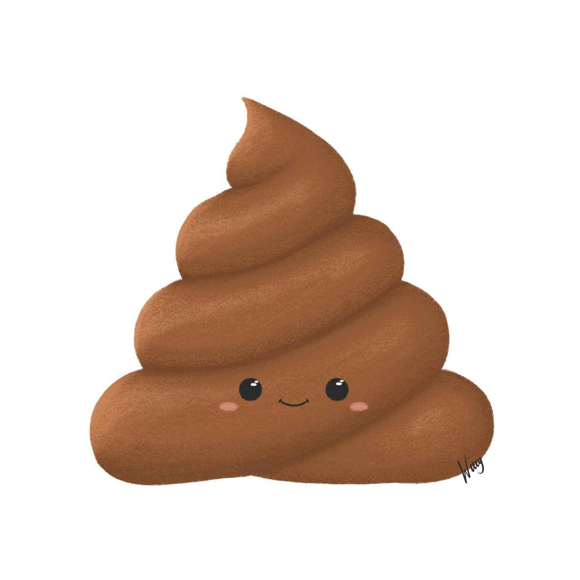Cute cartoon drawing of a swirl of brown poop with a smiling face, black eyes, and pink cheeks.