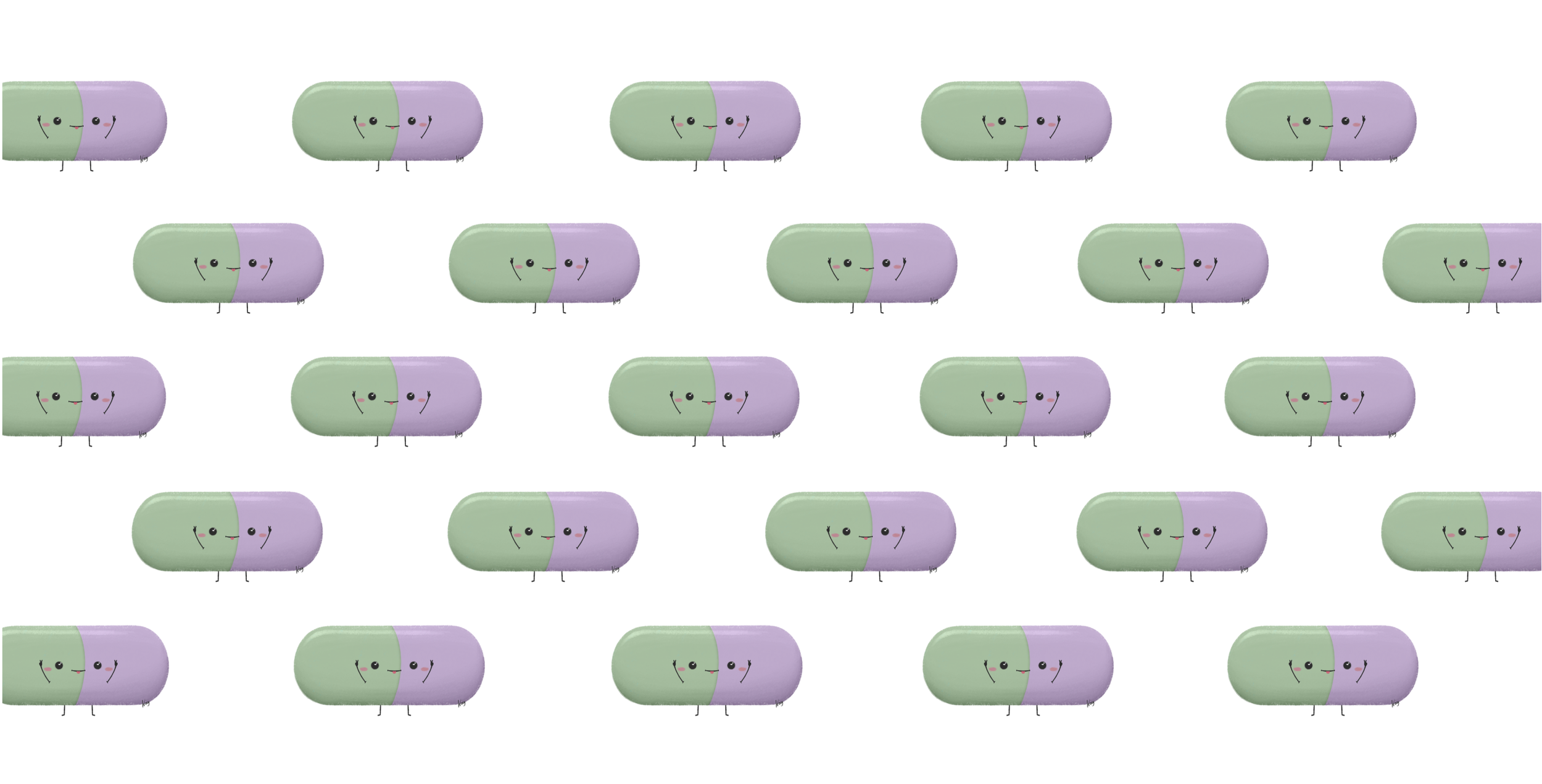 Illustration of multiple cartoon capsules with faces, arms, and legs, arranged in a pattern. The capsules are two-toned with green on one side and purple on the other, and display cheerful expressions.