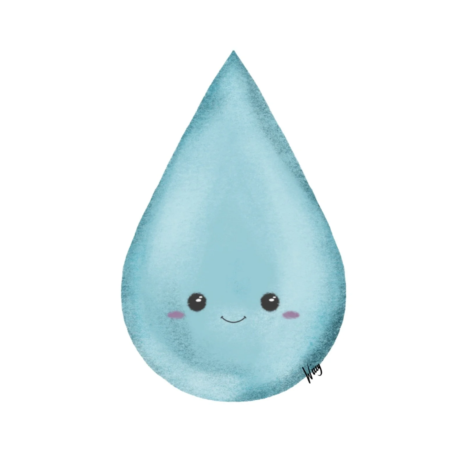 Cute animated water droplet with a smiling face, big eyes, and pink cheeks, on a white background.