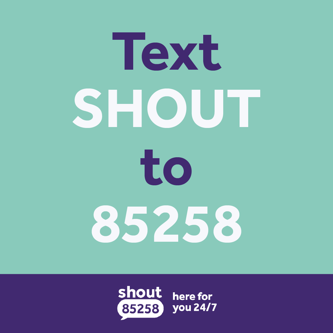 A promotional graphic for texting a number for a 24/7 shout service, with the text 'Text SHOUT to 85258' on a light blue background, and a purple banner at the bottom with the repeated text 'shout 85258 here for you 24/7'.