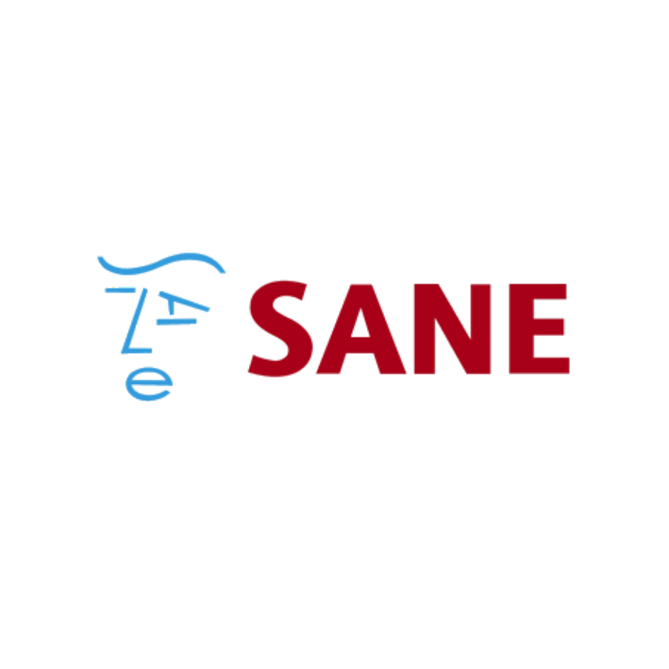 A wordmark logo with the text 'SANE' in bold red letters, with a stylized blue line drawing of a face with a hand on the side, incorporating the words 'mental health' in a script font.