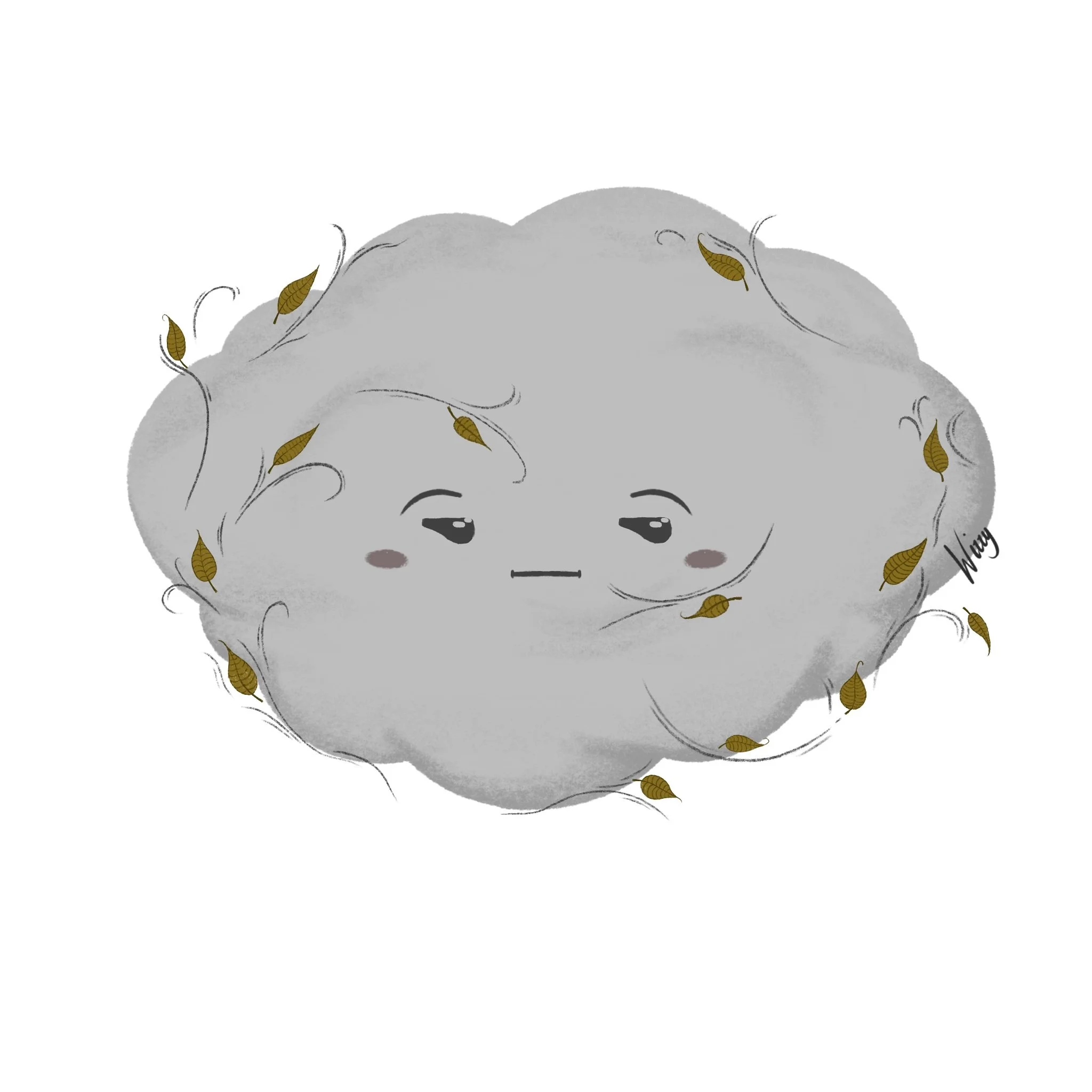 A cartoon-style gray cloud with a bored facial expression, blush on cheeks, and small half-closed eyes, surrounded by falling leaves. The cloud has a signature or word "Wang" near the bottom right.