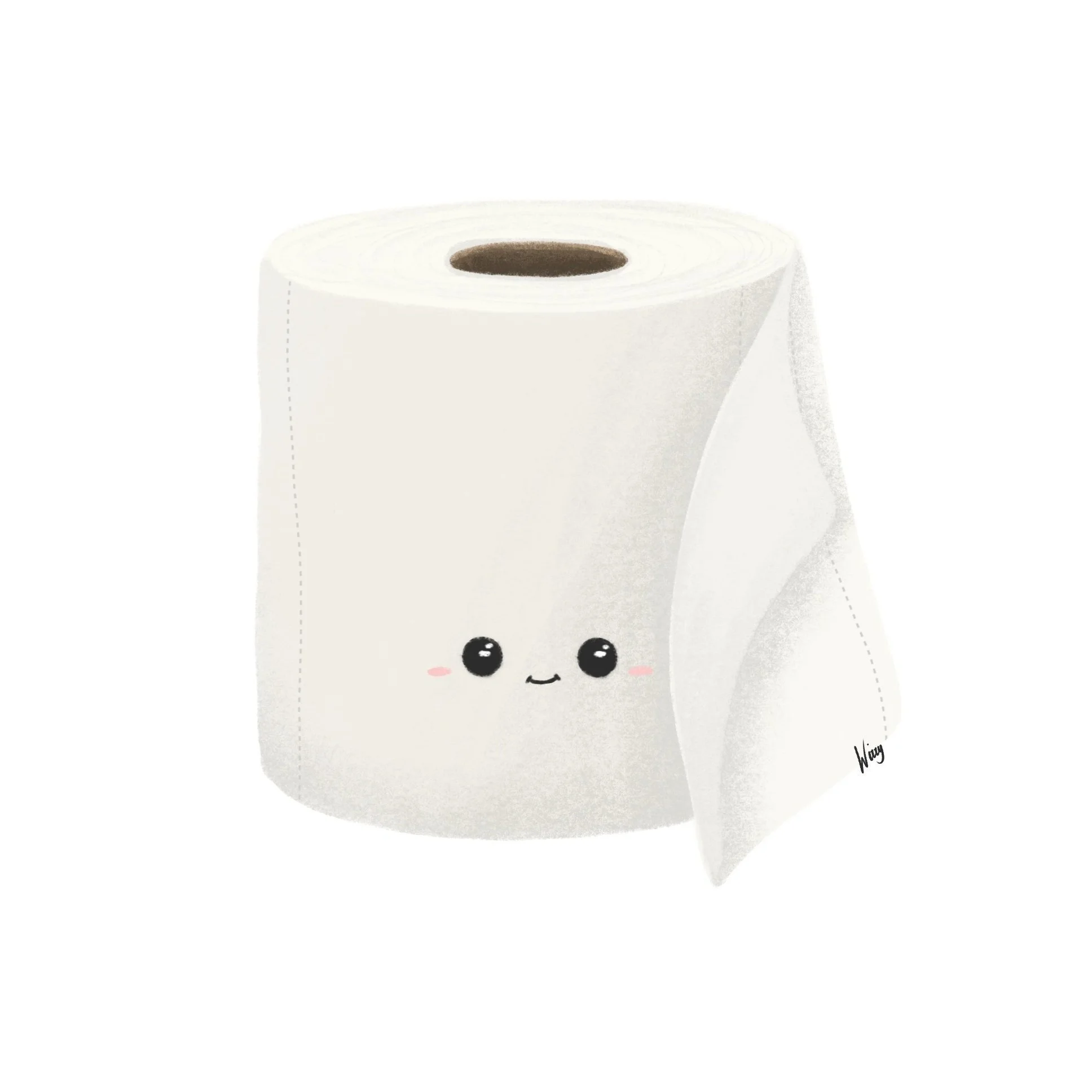 Cute cartoon illustration of a roll of toilet paper with a smiling face, black eyes, and pink cheeks.