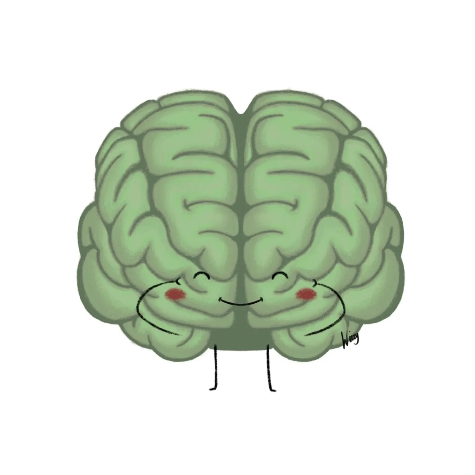 A cartoon illustration of a green brain with a smiling face, pink cheeks, and short black legs.