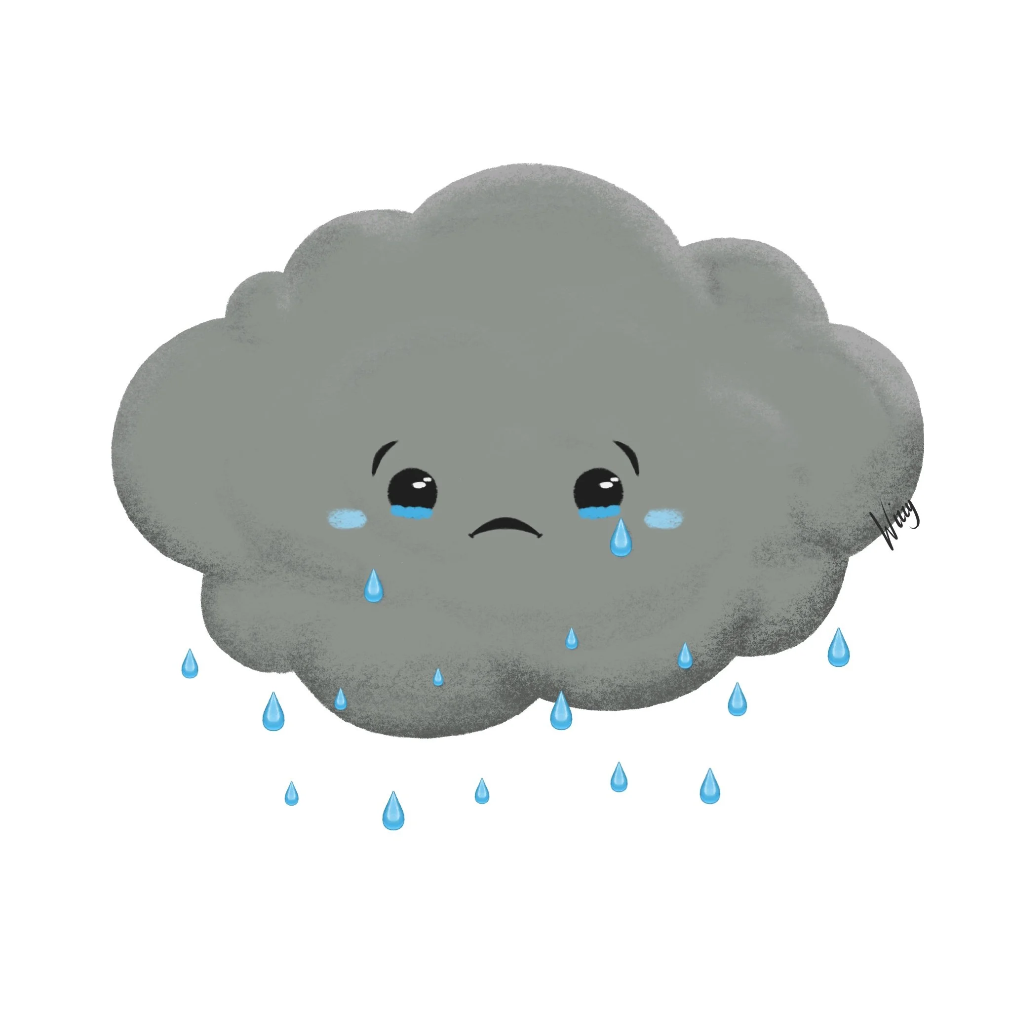 A cartoon gray cloud with a sad face and large crying eyes, tears falling from it.