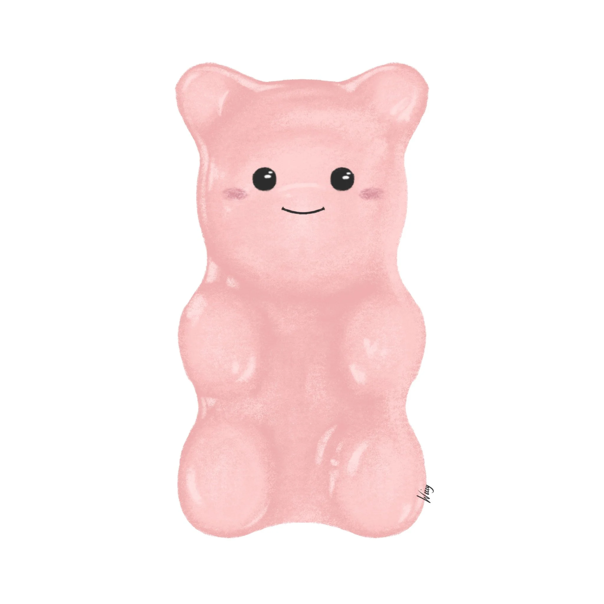 A cute, cartoon-style gummy bear with a smiling face, black eyes, and pink color on a white background.