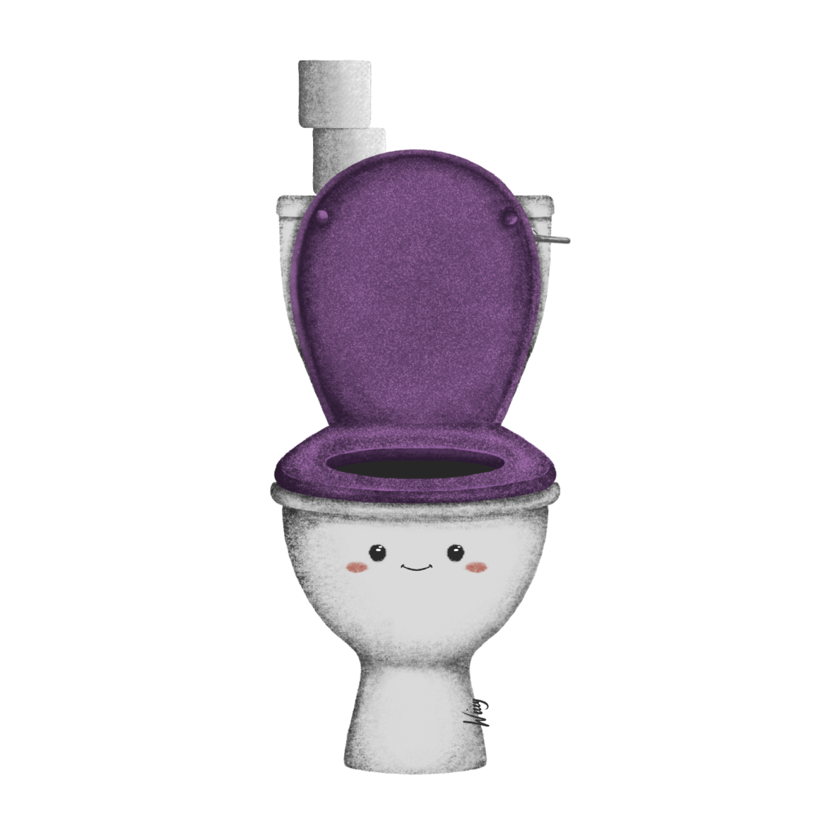 Cartoon illustration of a friendly toilet with a smiling face, rosy cheeks, and a purple toilet seat and lid.