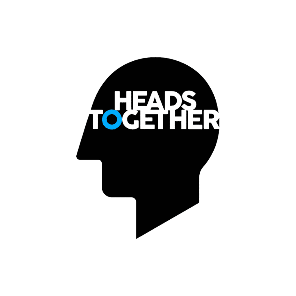 A black silhouette of a human head in profile with the words 'Heads Together' inside, with the word 'to' highlighted in blue.