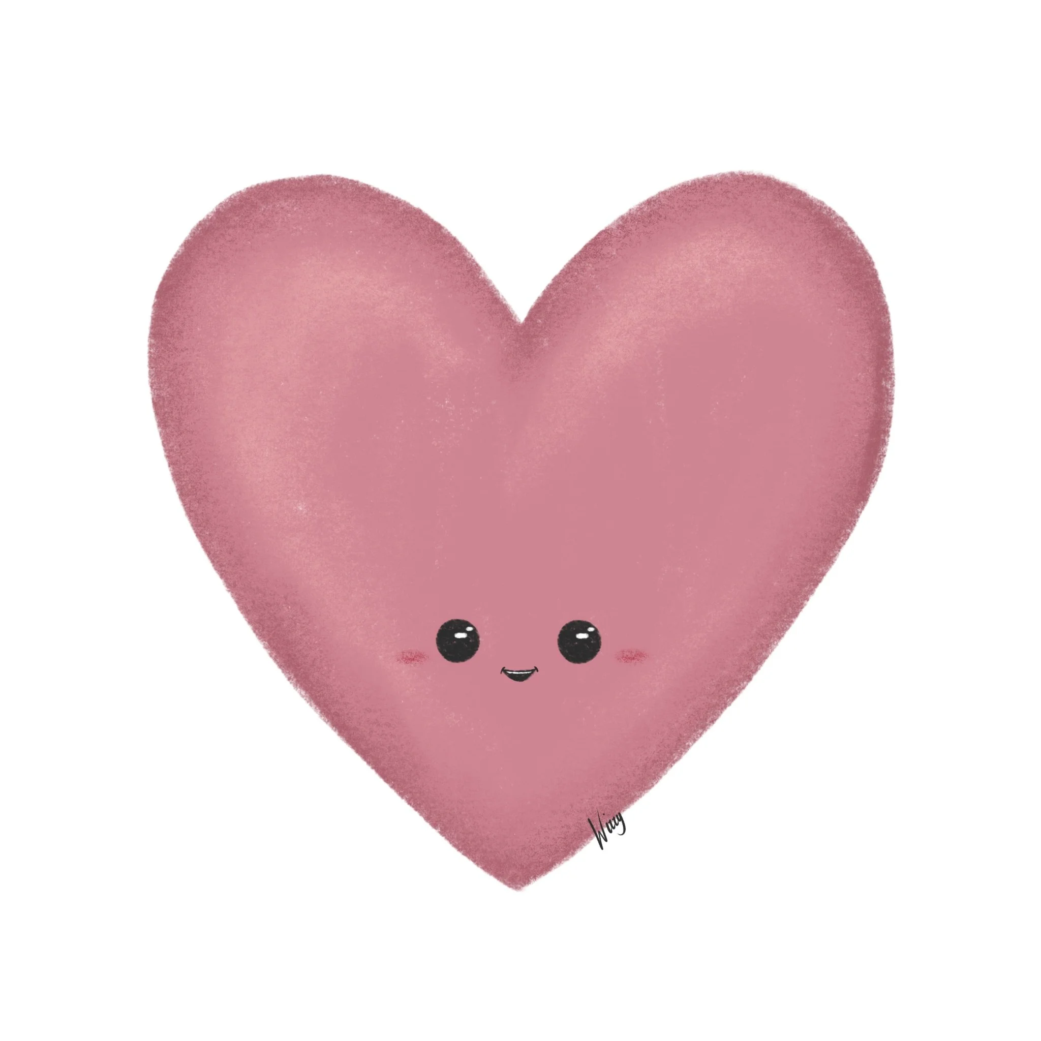 Cute pink heart with a smiling face, big black eyes, and blushing cheeks.