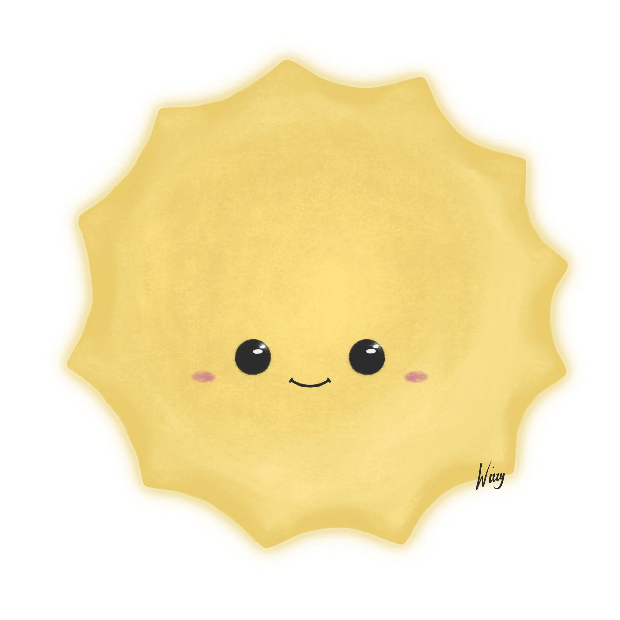 Cute illustrated lemon with a smiling face, blushing cheeks, and shiny eyes.