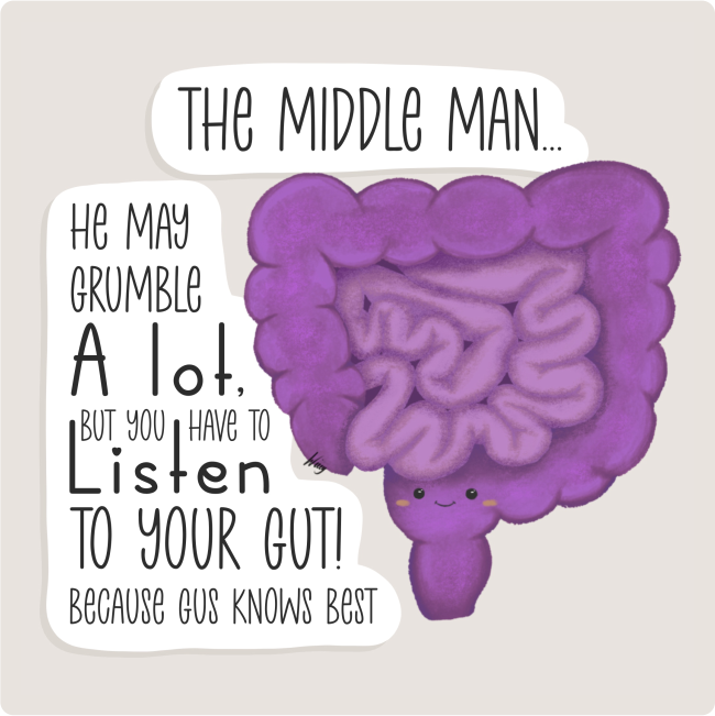 A cartoon illustration of a purple human intestine with a smiling face and rosy cheeks, accompanied by humorous text about gut health.
