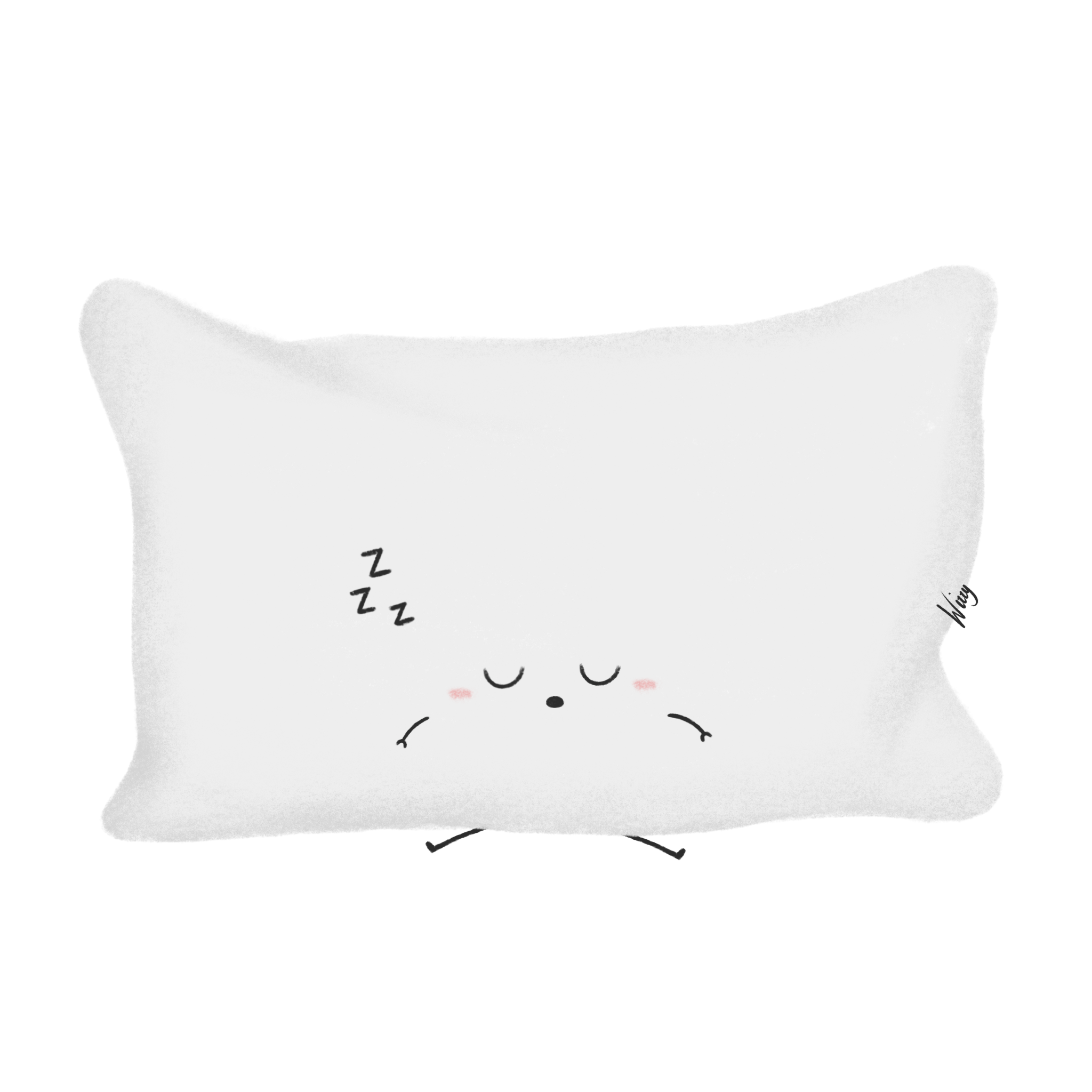 White pillow with a cute sleeping face design, including closed eyes, a small nose, blushing cheeks, and a subtle smile, on a black background.
