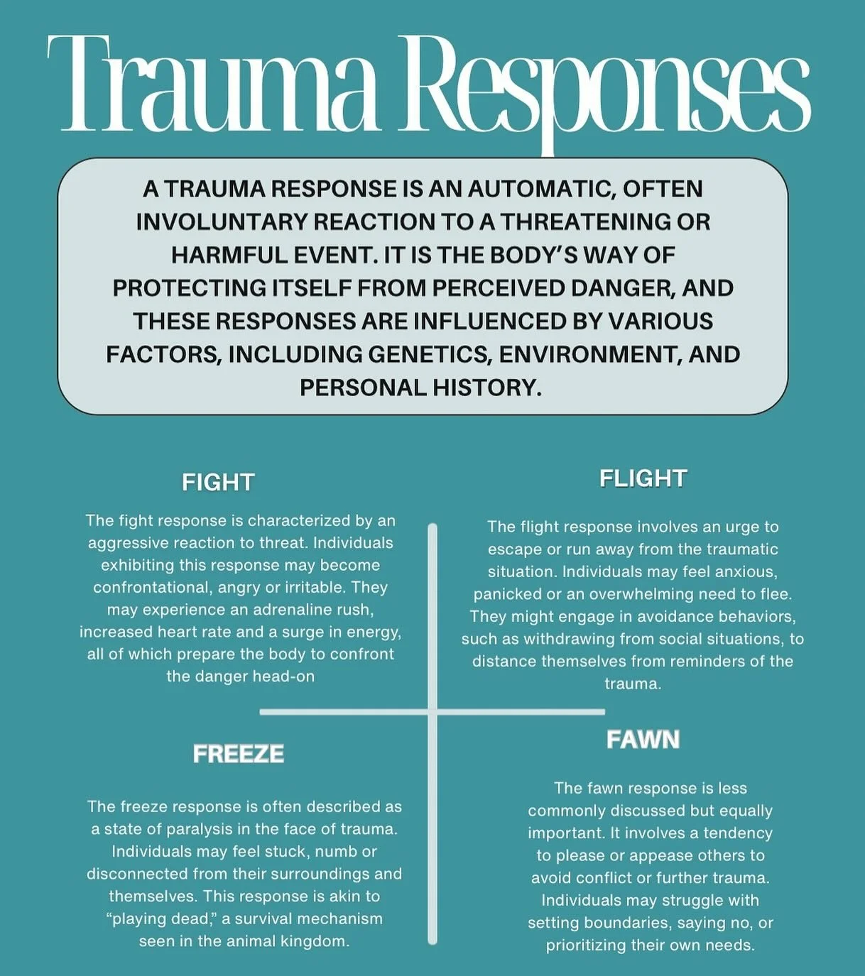 Survivors respond to trauma in many different ways &mdash; fight, flight, freeze, or fawn most commonly. Every reaction is valid. Healing looks different for everyone, and you never have to explain your response.