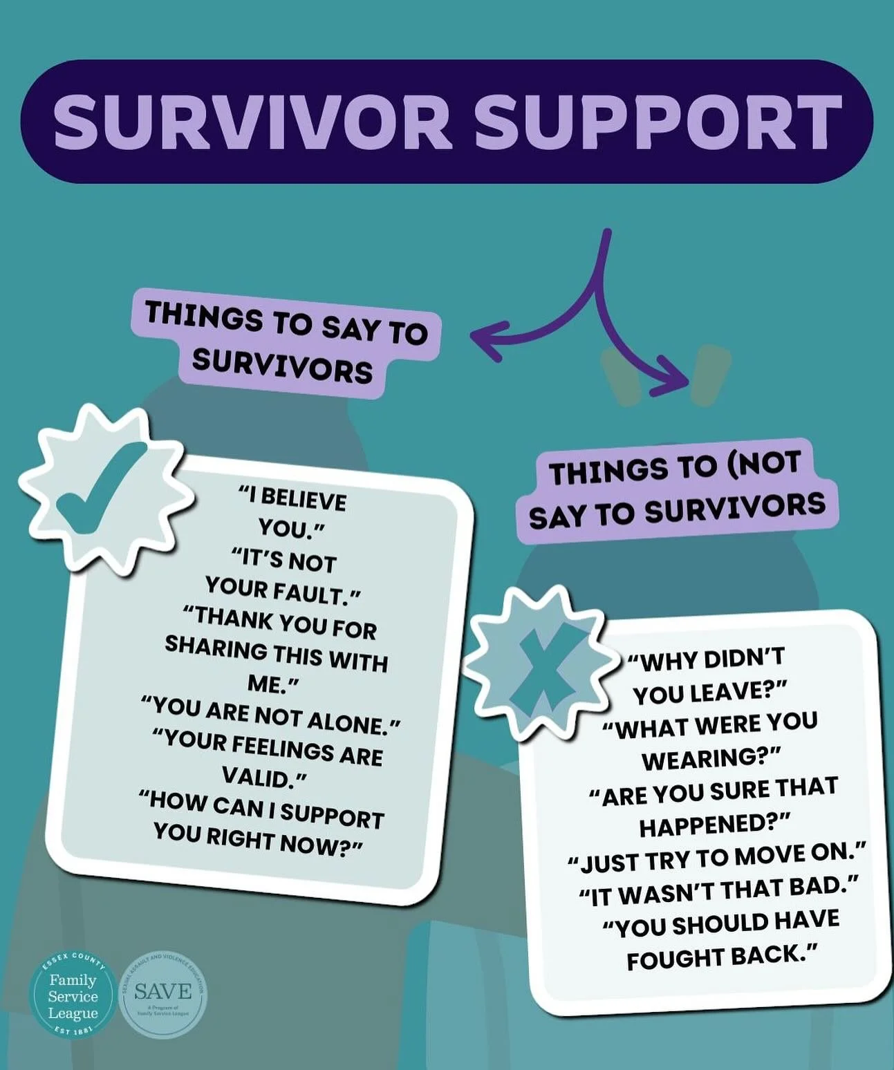 Responding to a survivor begins with compassion. Choosing validating language fosters trust , safety, and empowerment&mdash; while harmful phrases reinforce trauma. Together , we can create a culture that believes and supports survivors.