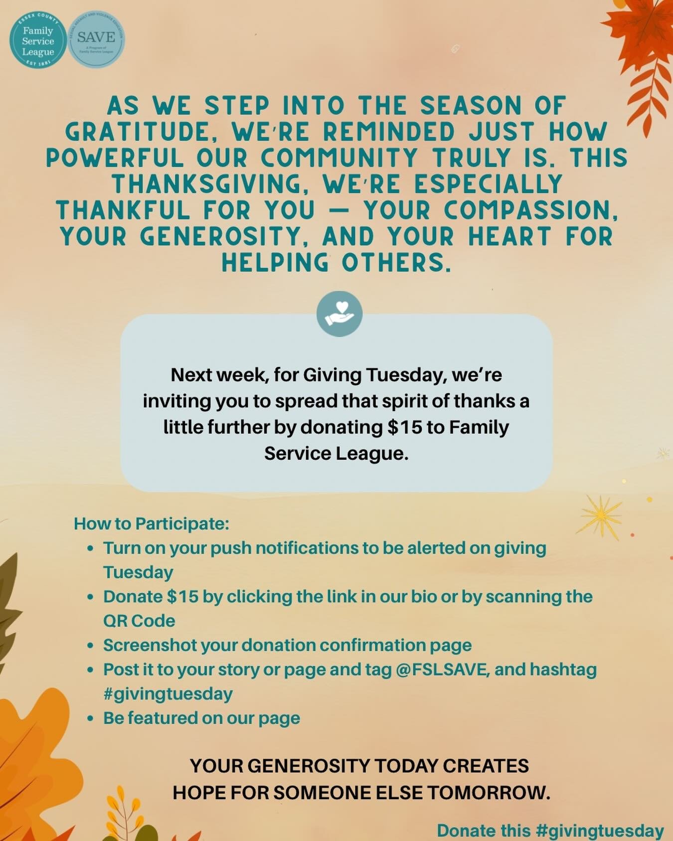 Join us next week for Giving Tuesday. 
When you give , you give hope 🫶🏽 

Check out how to be featured for your donation ✅