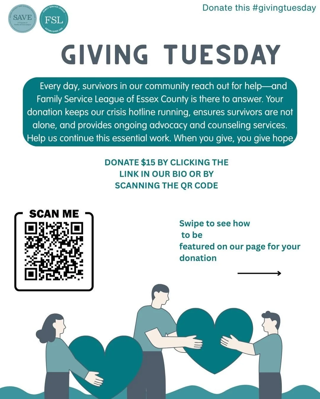 Today is giving Tuesday ❤️ When you give a little today , you give hope tomorrow. Donate $15 today to help support individuals, families, and survivors in need. Swipe to see how to have your contribution highlighted today ✨✨✨