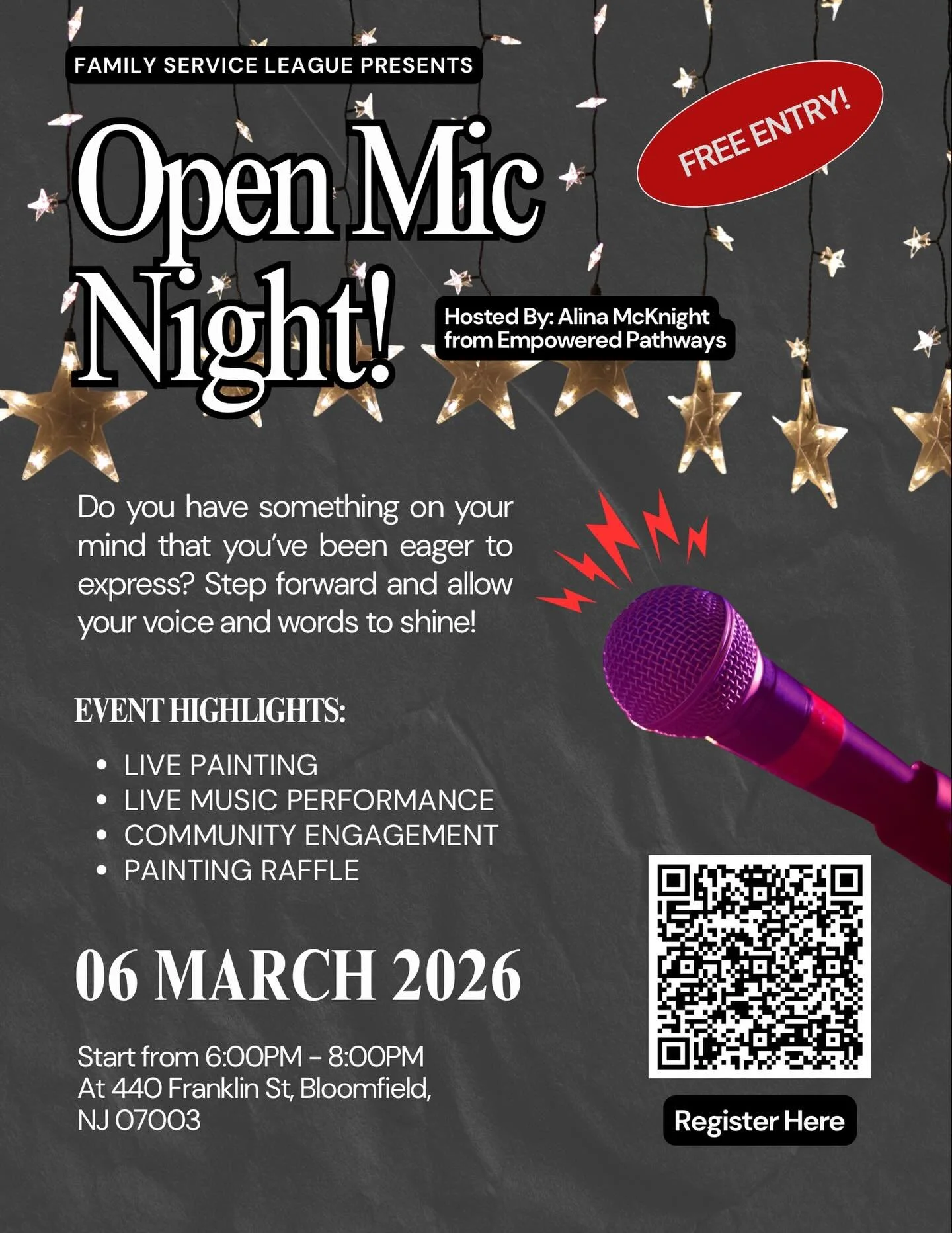 Family Service League warmly invites you to join our Self-Care Series for our last gathering: an Open Mic Night! This welcoming evening offers a space for creativity, expression, and connection through spoken word, music, storytelling, and more. Host