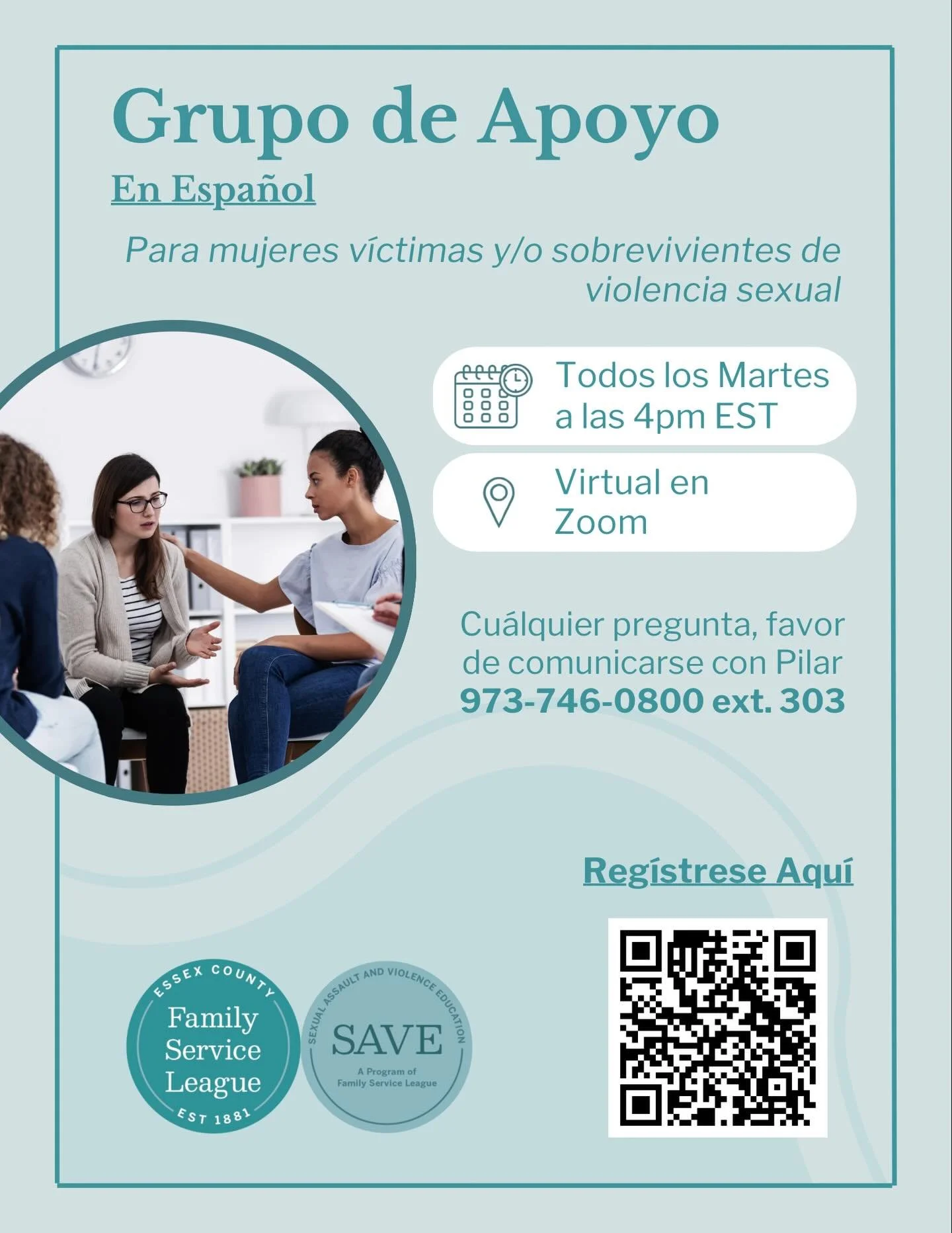 🚨Anuncio🚨 

Empezando 31 de Marzo, Family Service League le da bienvenida a mujeres hispanas sobrevivientes o v&iacute;ctimas de violencia sexual a &eacute;l nuevo Grupo de Apoyo en Espa&ntilde;ol. 
Estas sesiones ser&aacute;n gratis y virtual. Muj
