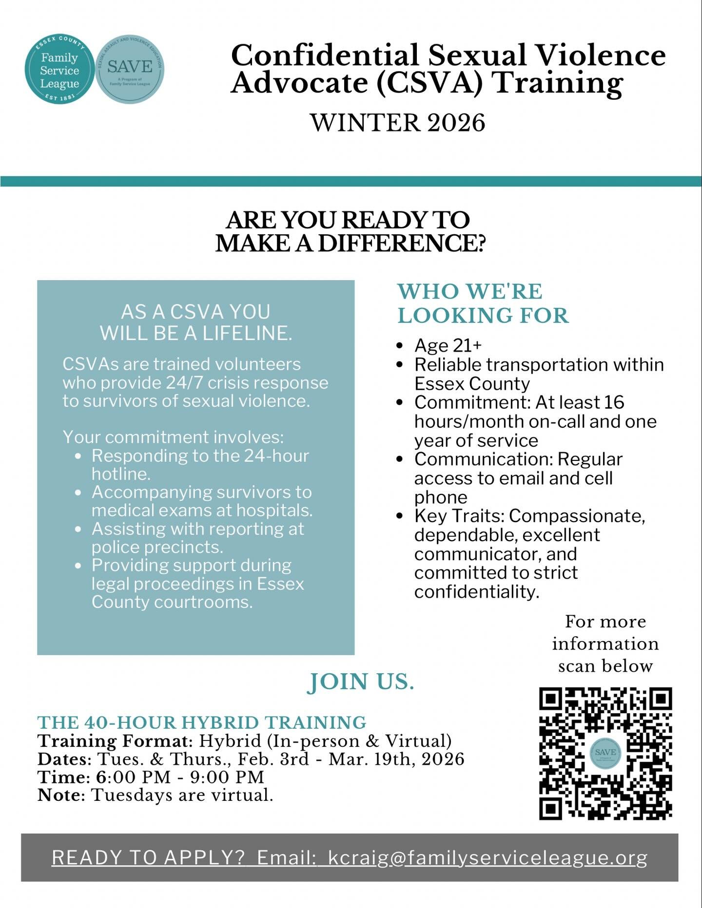 Are you interested in becoming a Certified Sexual Violence Advocate? We have an upcoming 40hr CSVA training. Please reach out to us for more information if you are interested!