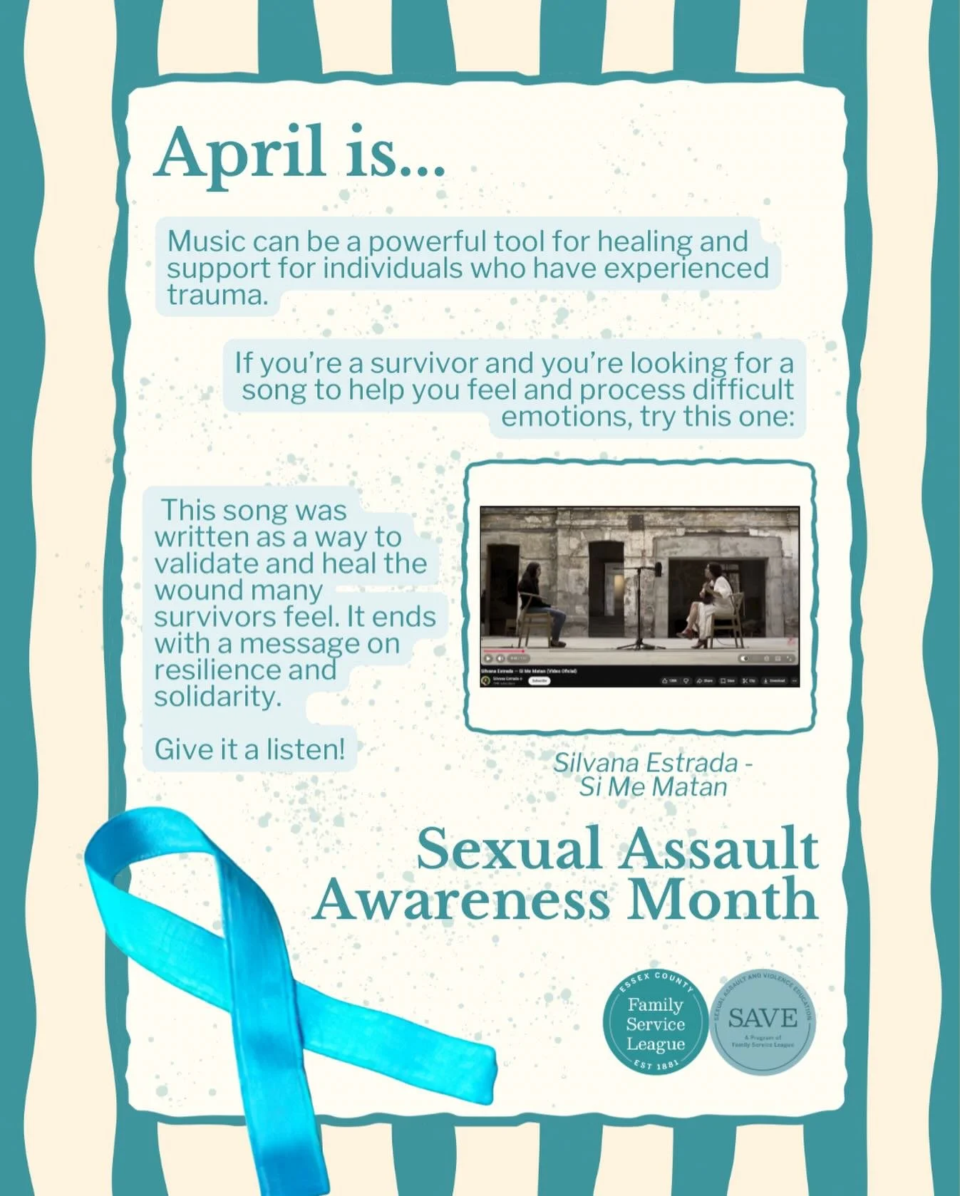 April is SAAM! 💙💚
It&rsquo;s #Day13 - Art in Action
Do you have a song or poem that helps you heal? Share it in the comments!
&bull;
&bull;
&bull;
#30DaysofSAAM2026
#Resilience
#SexualViolence
#Survivors