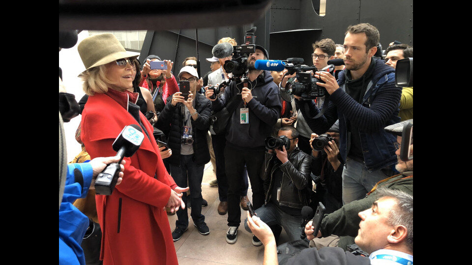 An impromptu press conference is held inside the Hart Senate Office Building.