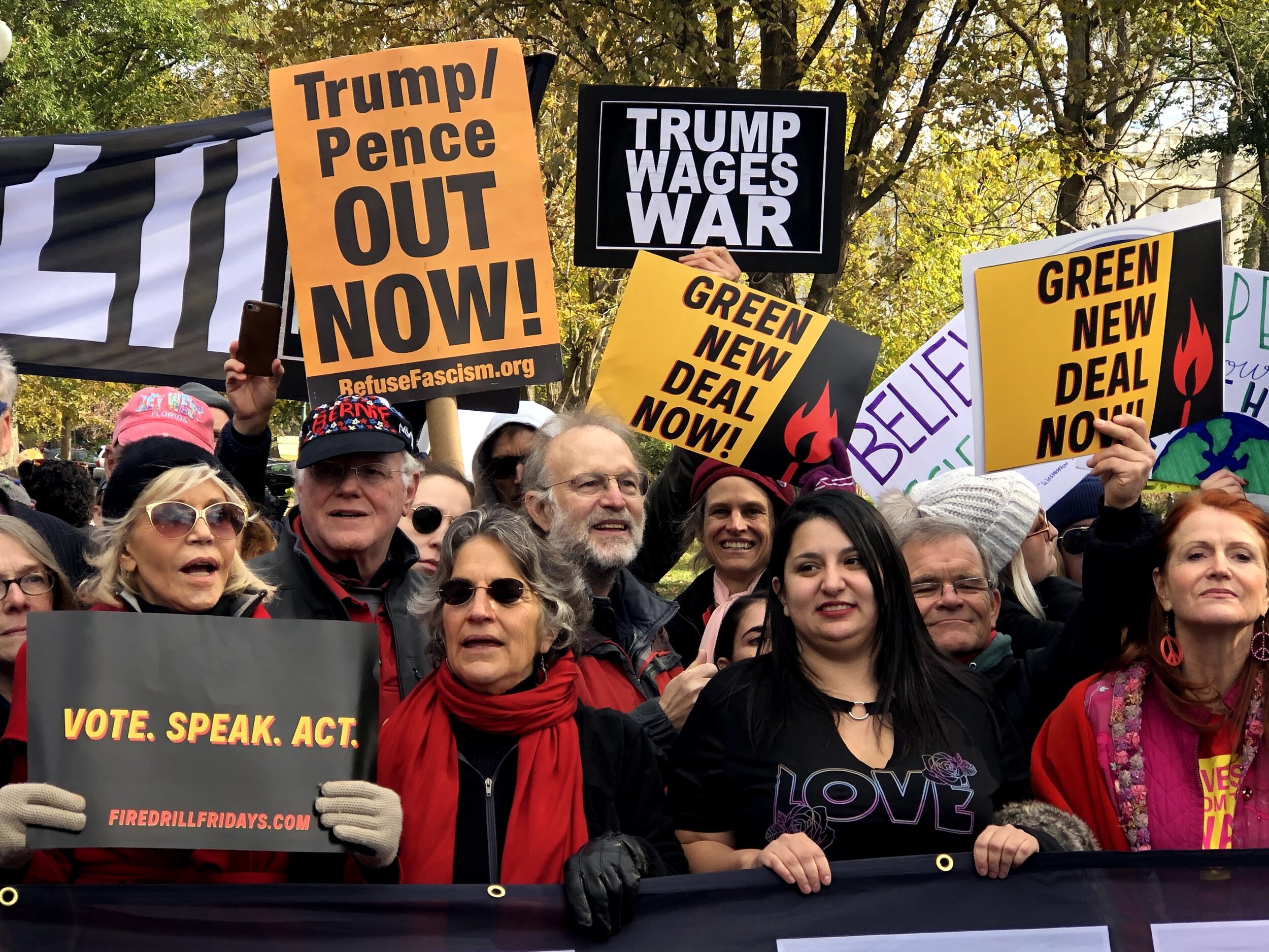Jane Fonda is joined by marching supporters. Behind her are Ben Cohen and Jerry Greenfield, of the successful "Ben & Jerry's" Ice Cream Brand.
