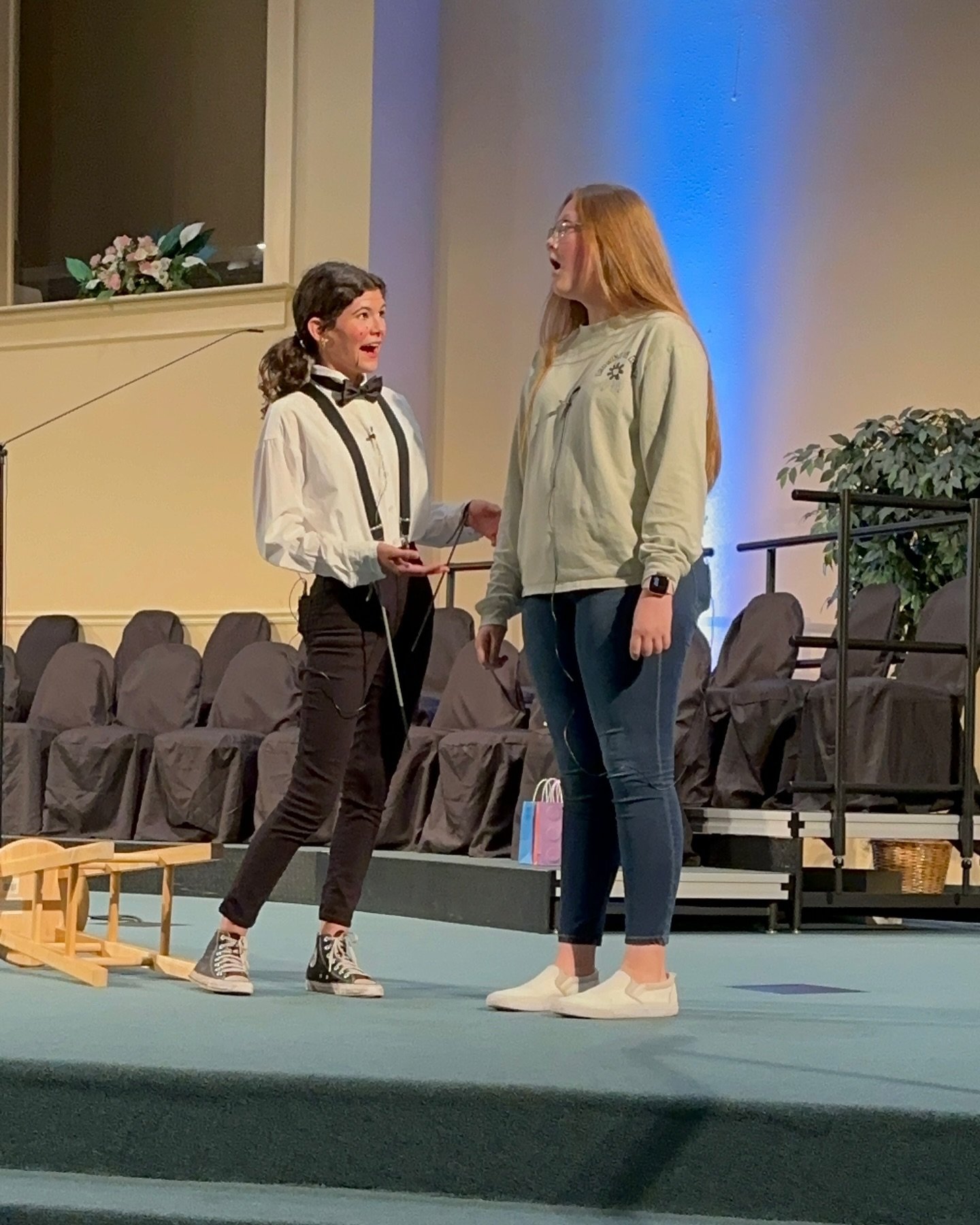 The Fine Arts Festival is coming this weekend. We have some talented teenagers attending this year. In this picture, Anna and Aimeri are showcasing their small drama.