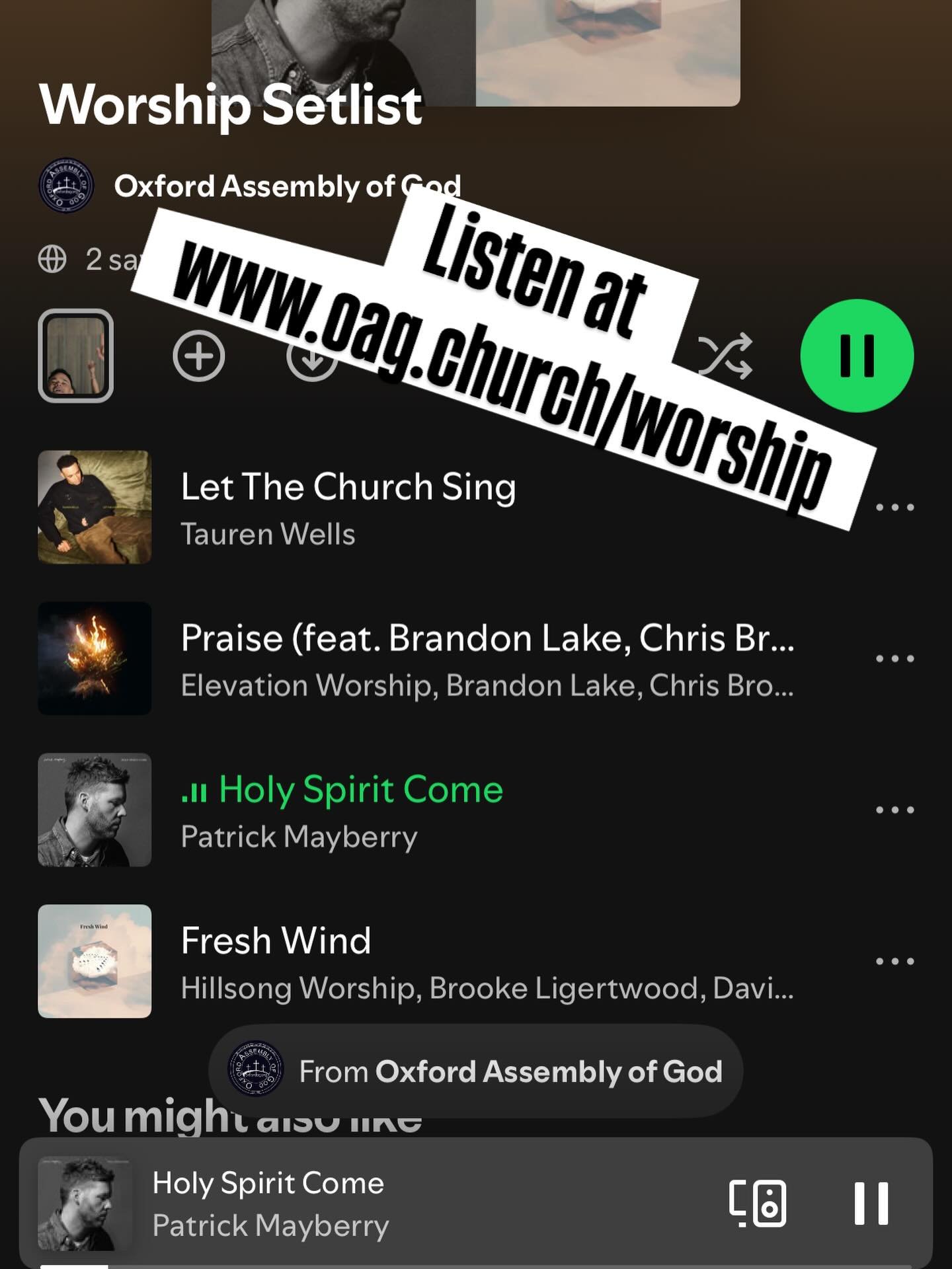 This Sunday&rsquo;s worship setlist! Listen at https://oag.church/worship